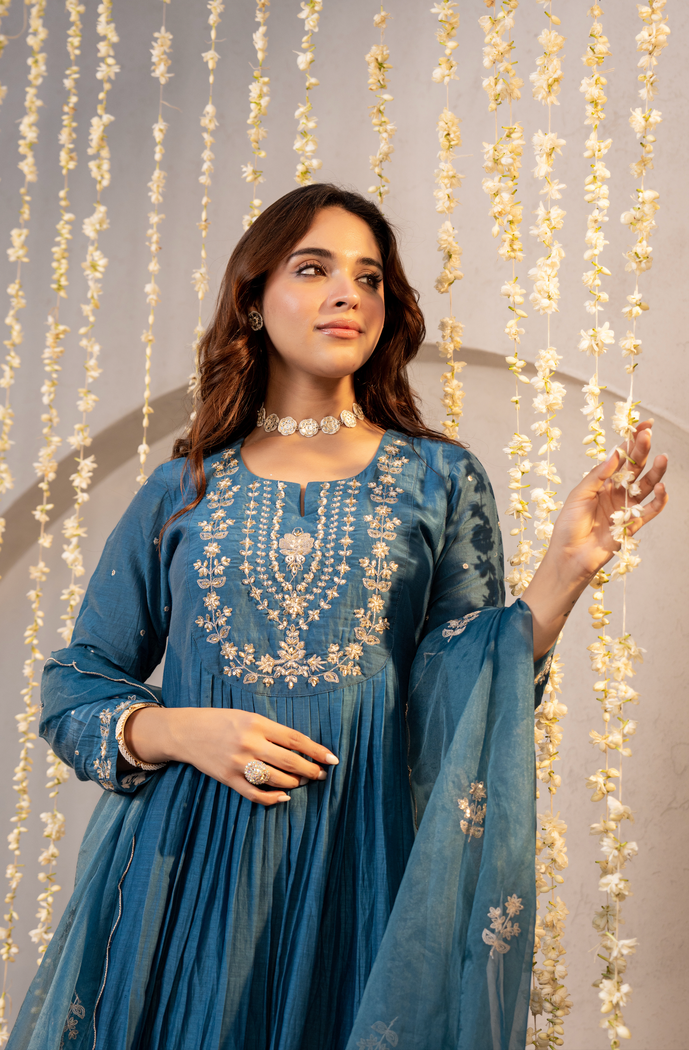 Teal Blue Chanderi Embroidered Suit Set