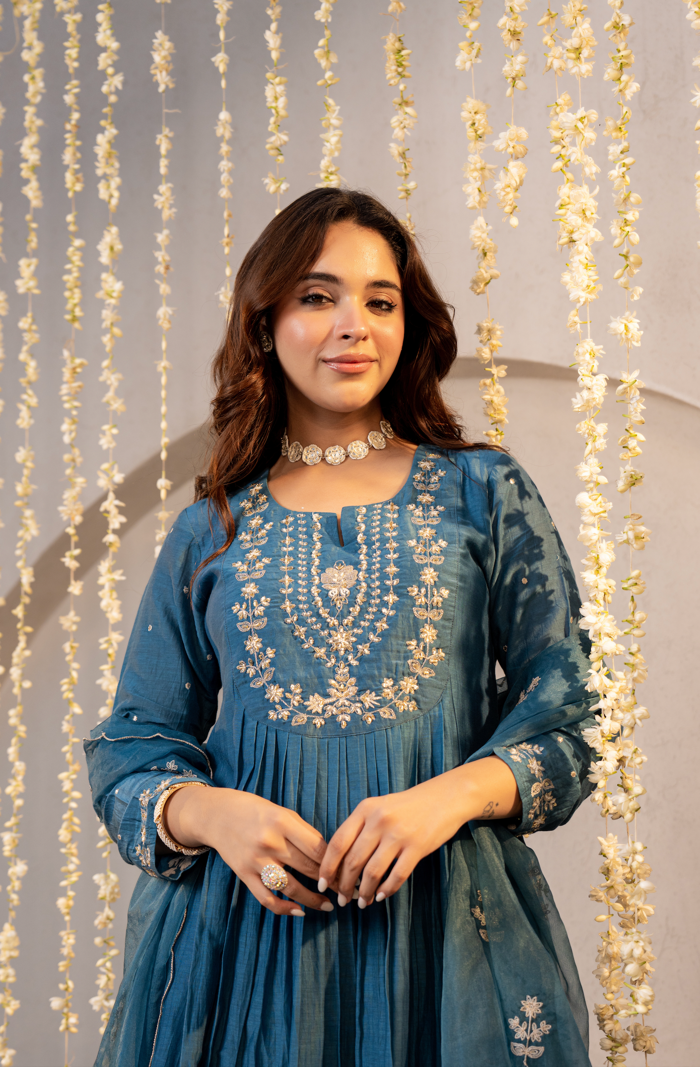 Teal Blue Chanderi Embroidered Suit Set