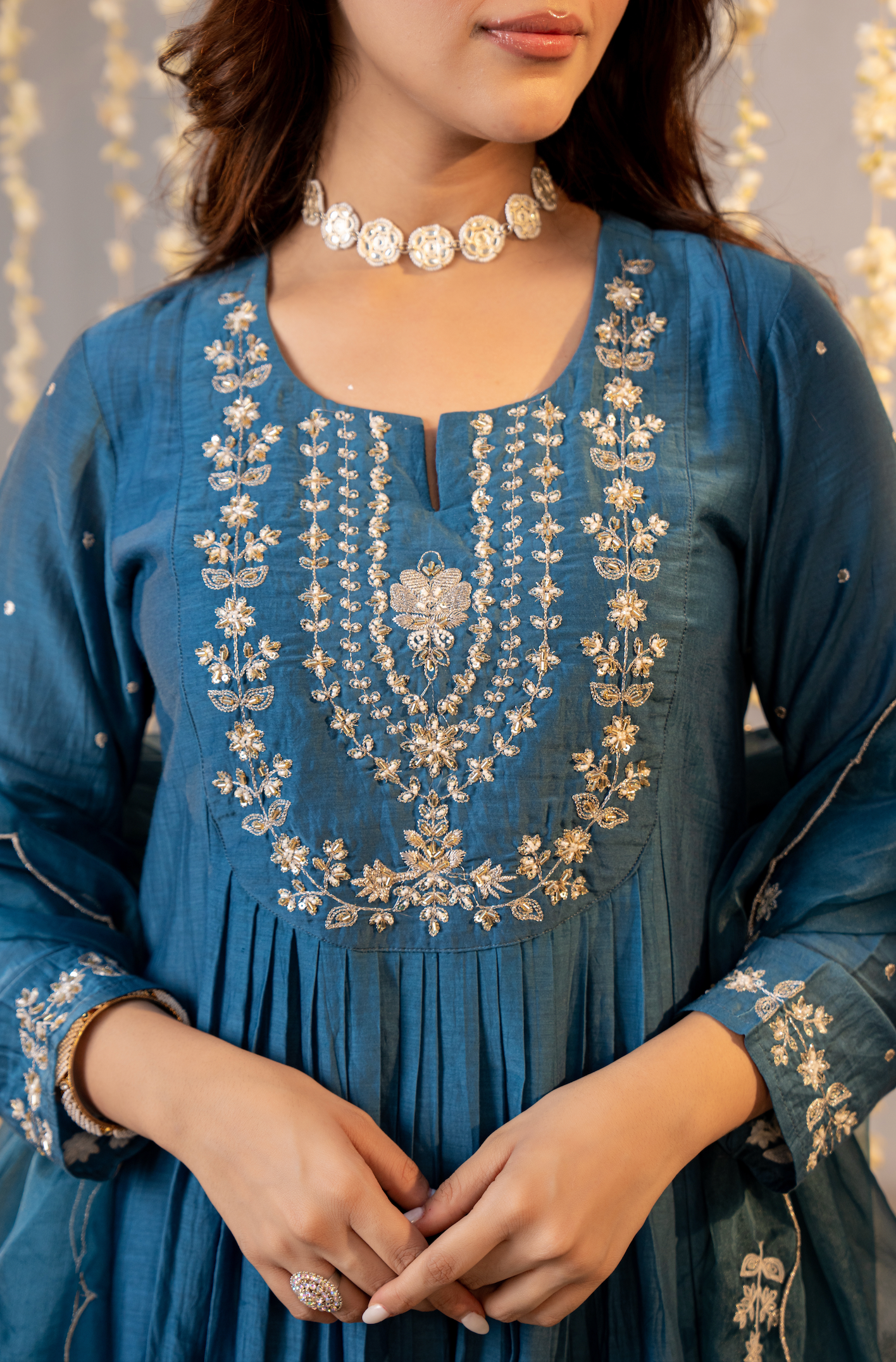 Teal Blue Chanderi Embroidered Suit Set