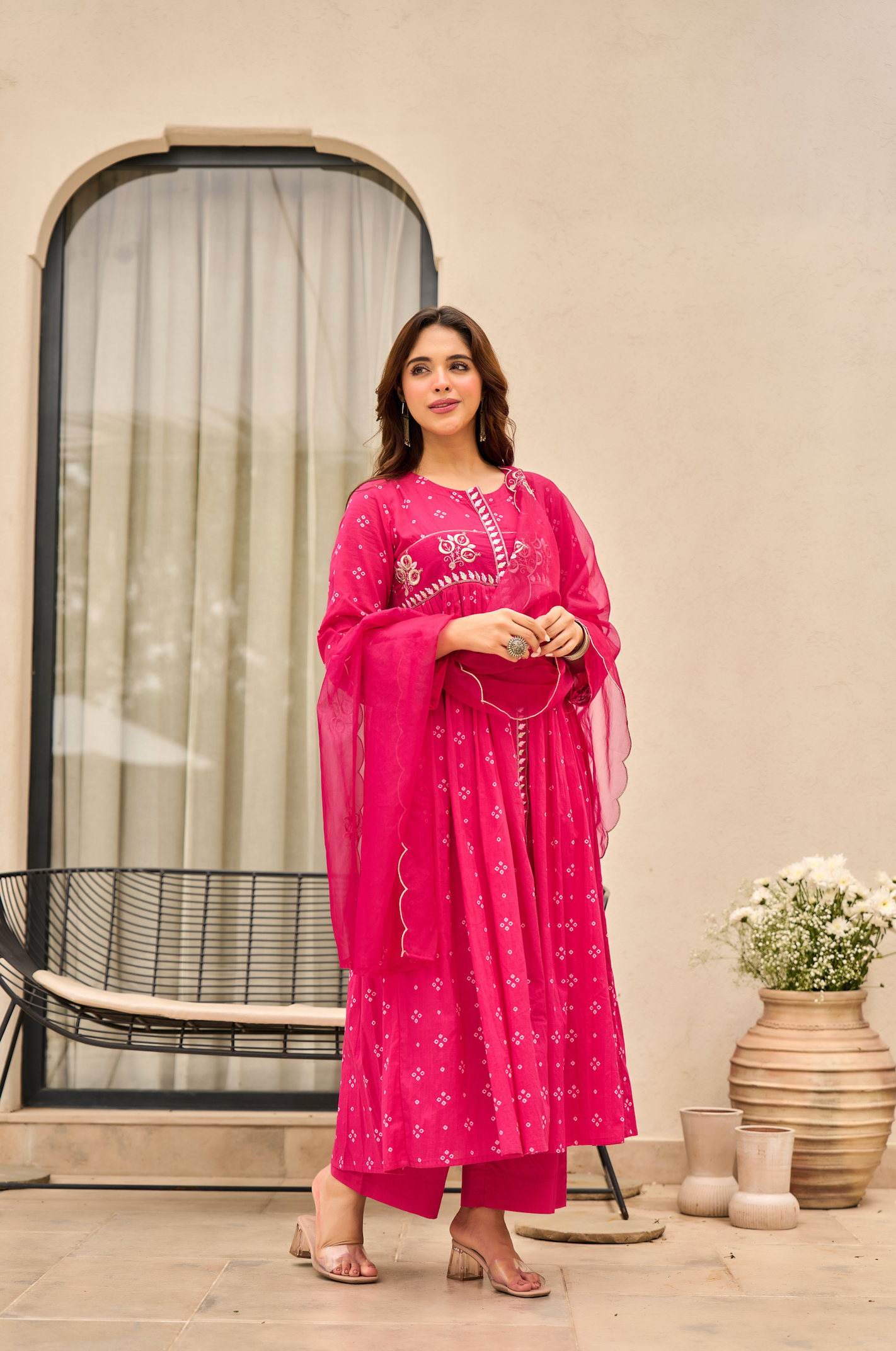 Rose Cotton Printed & Embroidered Kurta Pant With Organza Dupatta