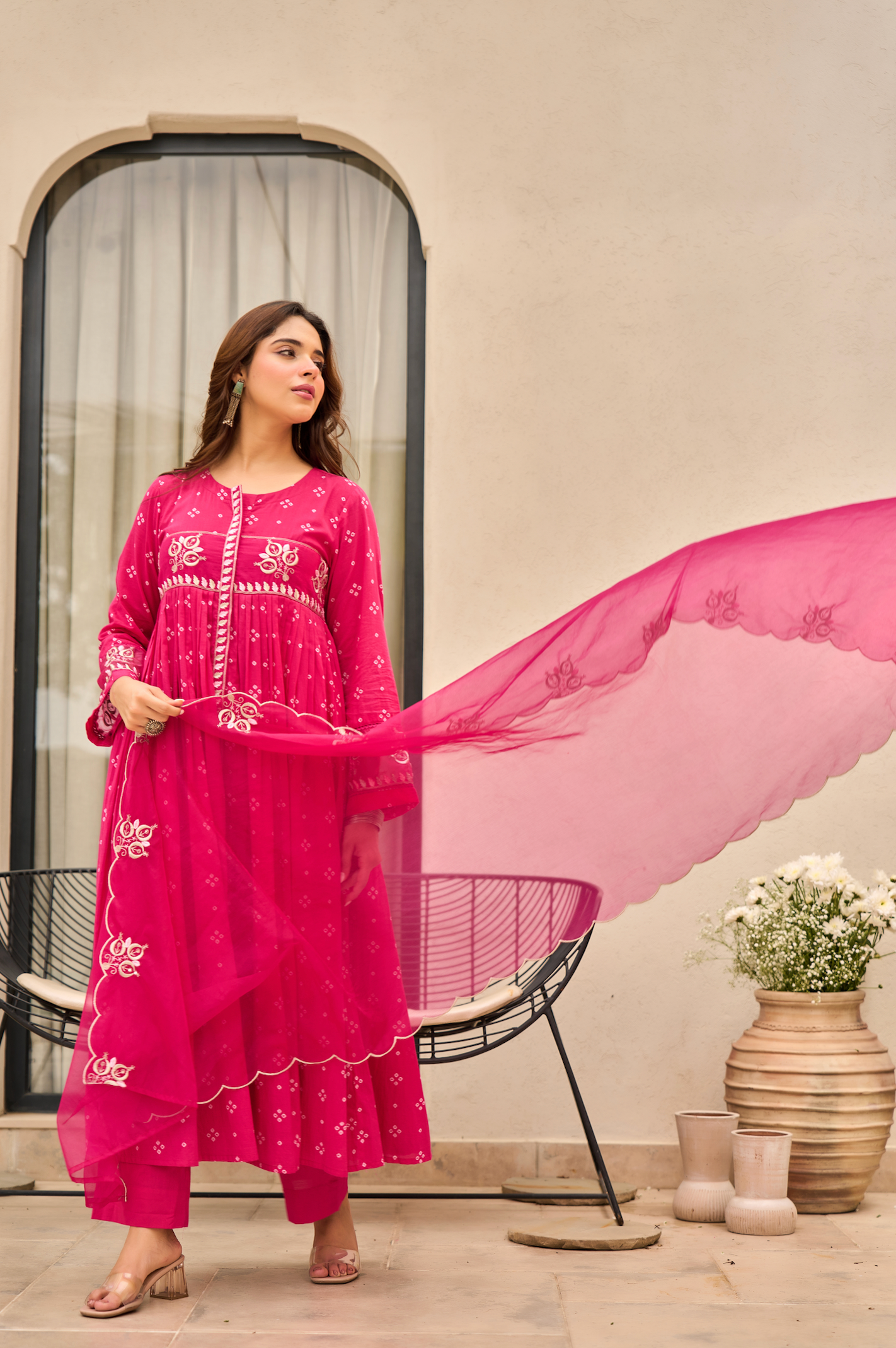 Rose Cotton Printed & Embroidered Kurta Pant With Organza Dupatta