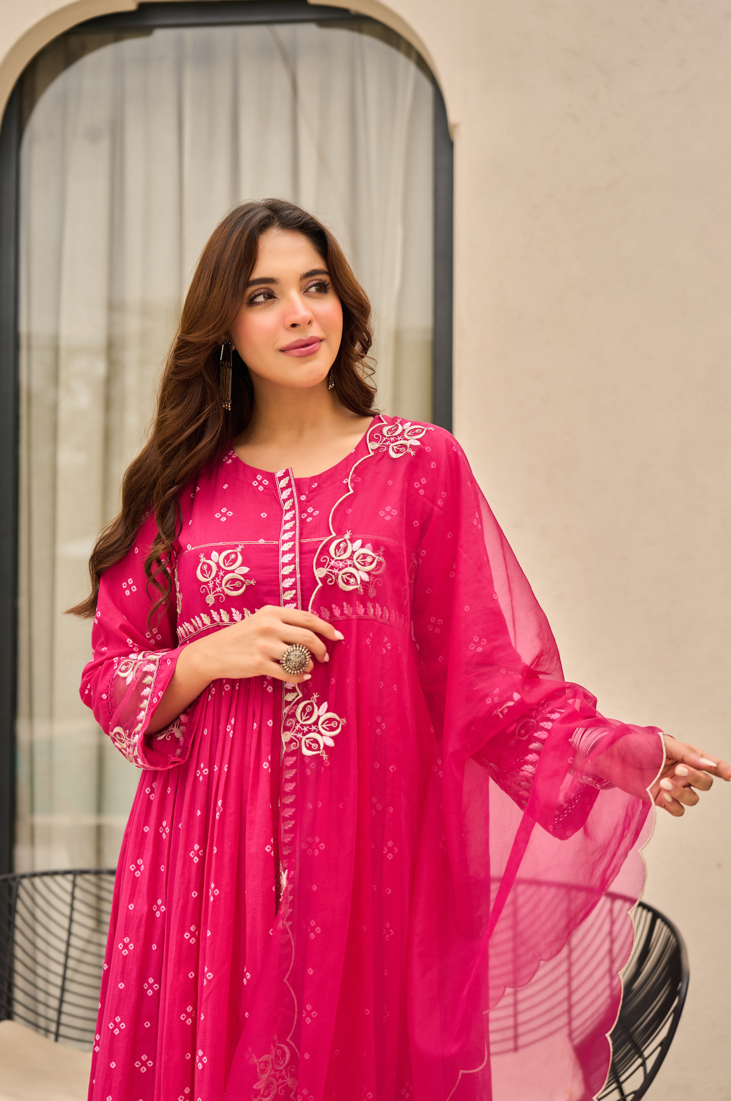 Rose Cotton Printed & Embroidered Kurta Pant With Organza Dupatta
