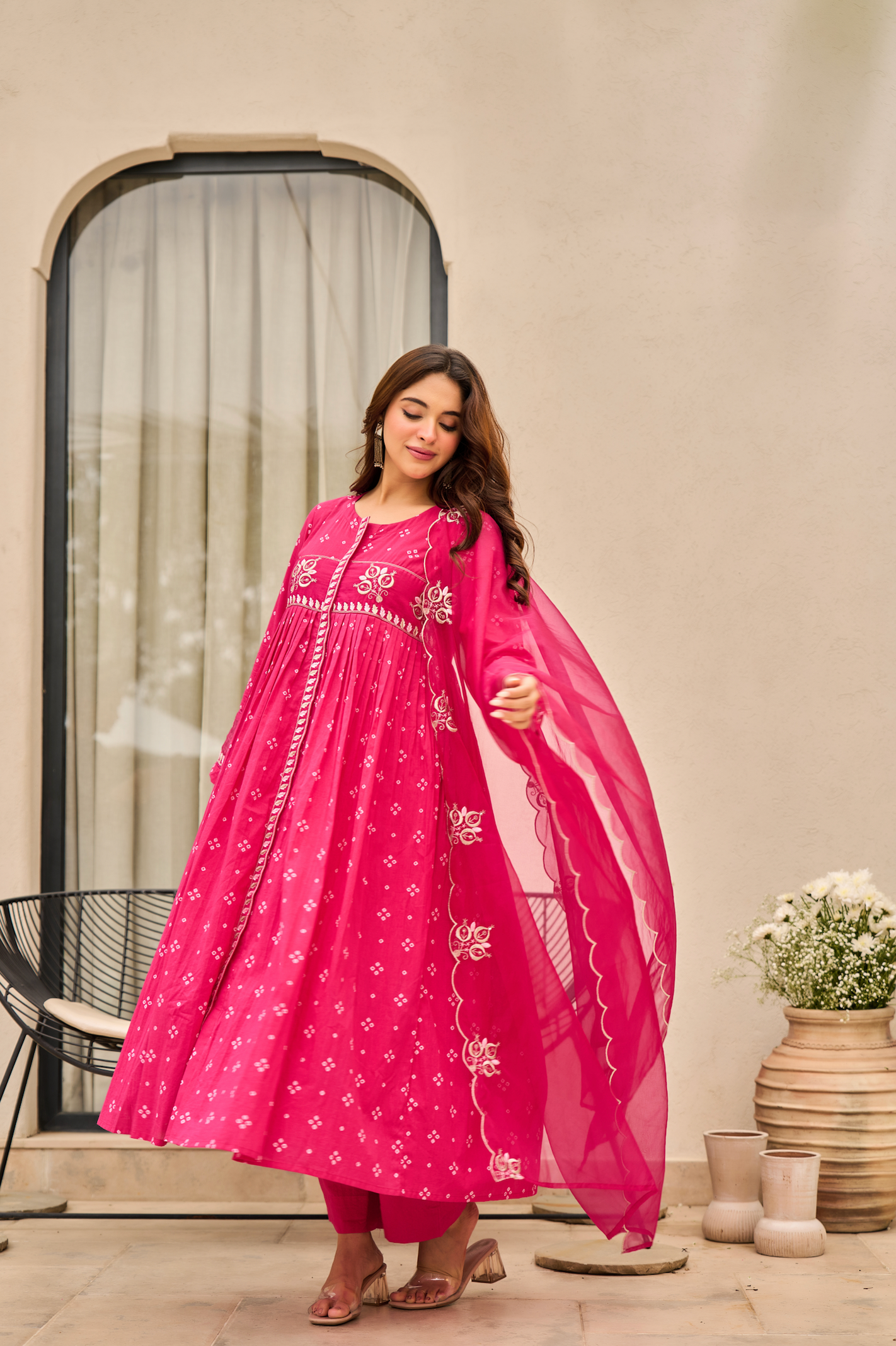Rose Cotton Printed & Embroidered Kurta Pant With Organza Dupatta