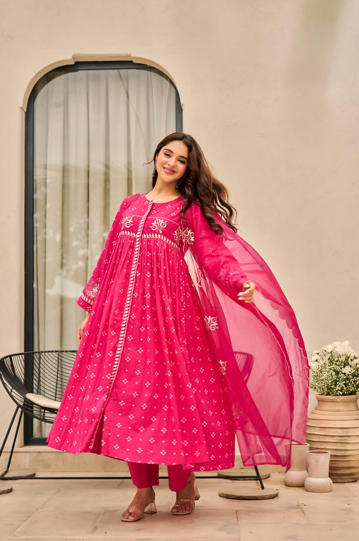 Rose Cotton Printed & Embroidered Kurta Pant With Organza Dupatta