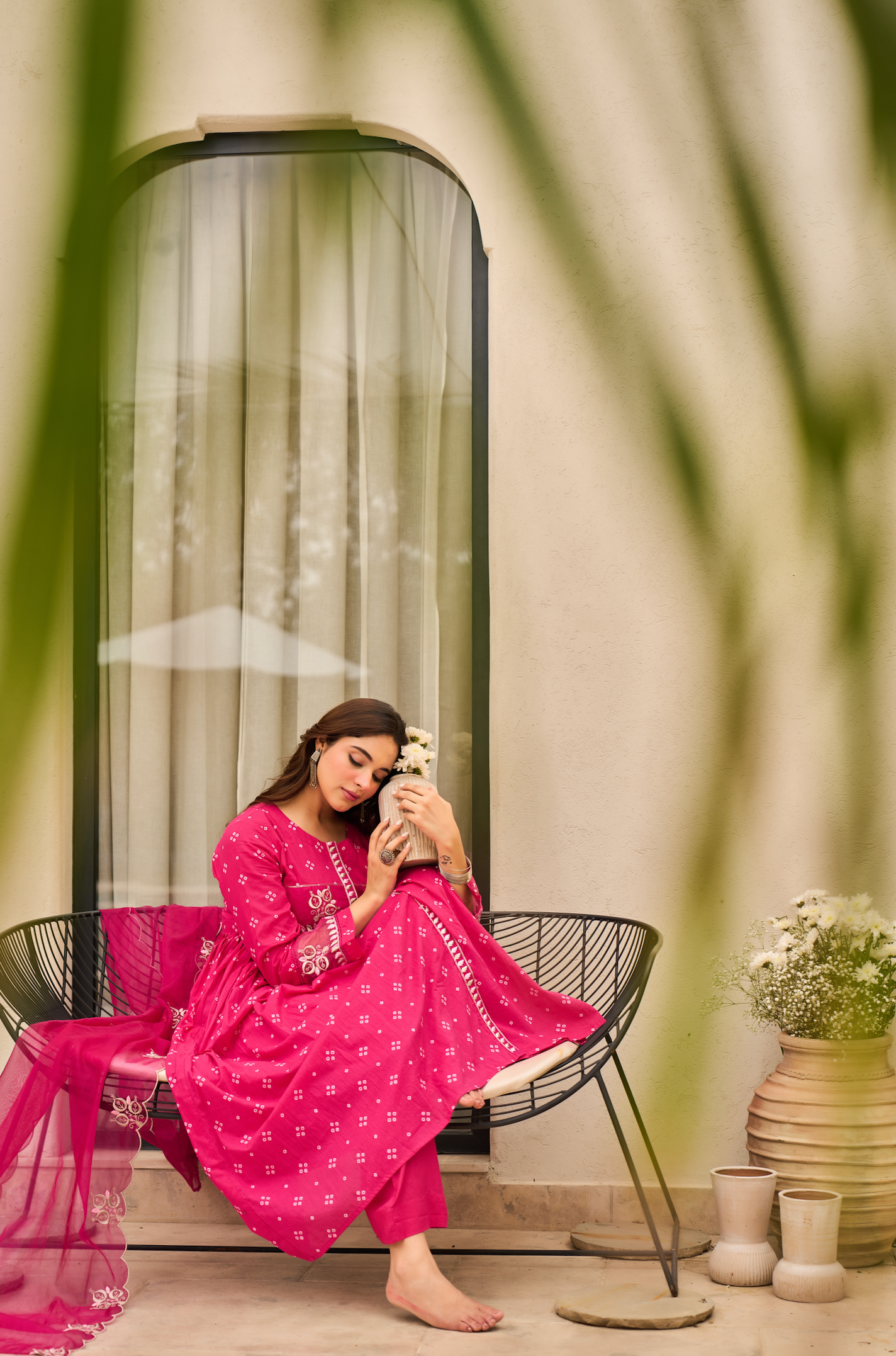 Rose Cotton Printed & Embroidered Kurta Pant With Organza Dupatta