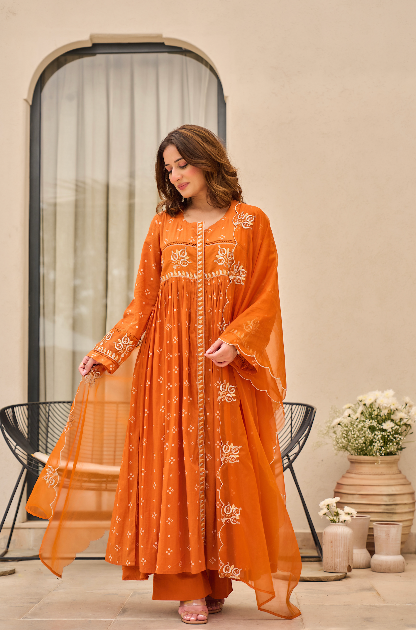 Rose Cotton Printed & Embroidered Kurta Pant With Organza Dupatta