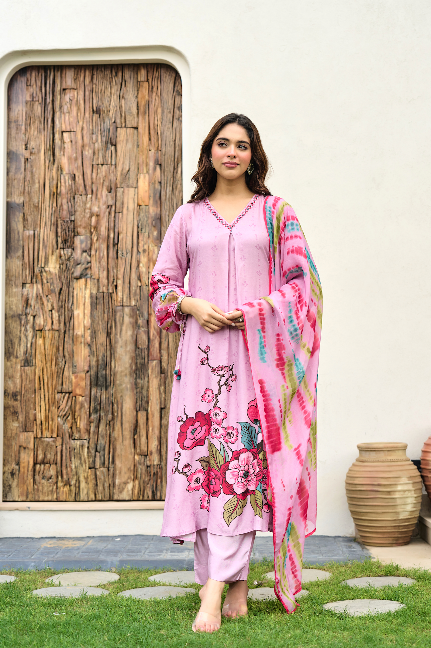 Rose Muslin A -LineEmbroidered Suit Set