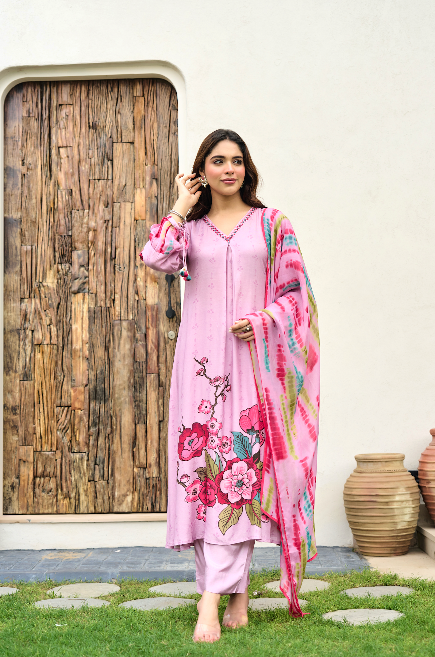 Rose Muslin A -LineEmbroidered Suit Set