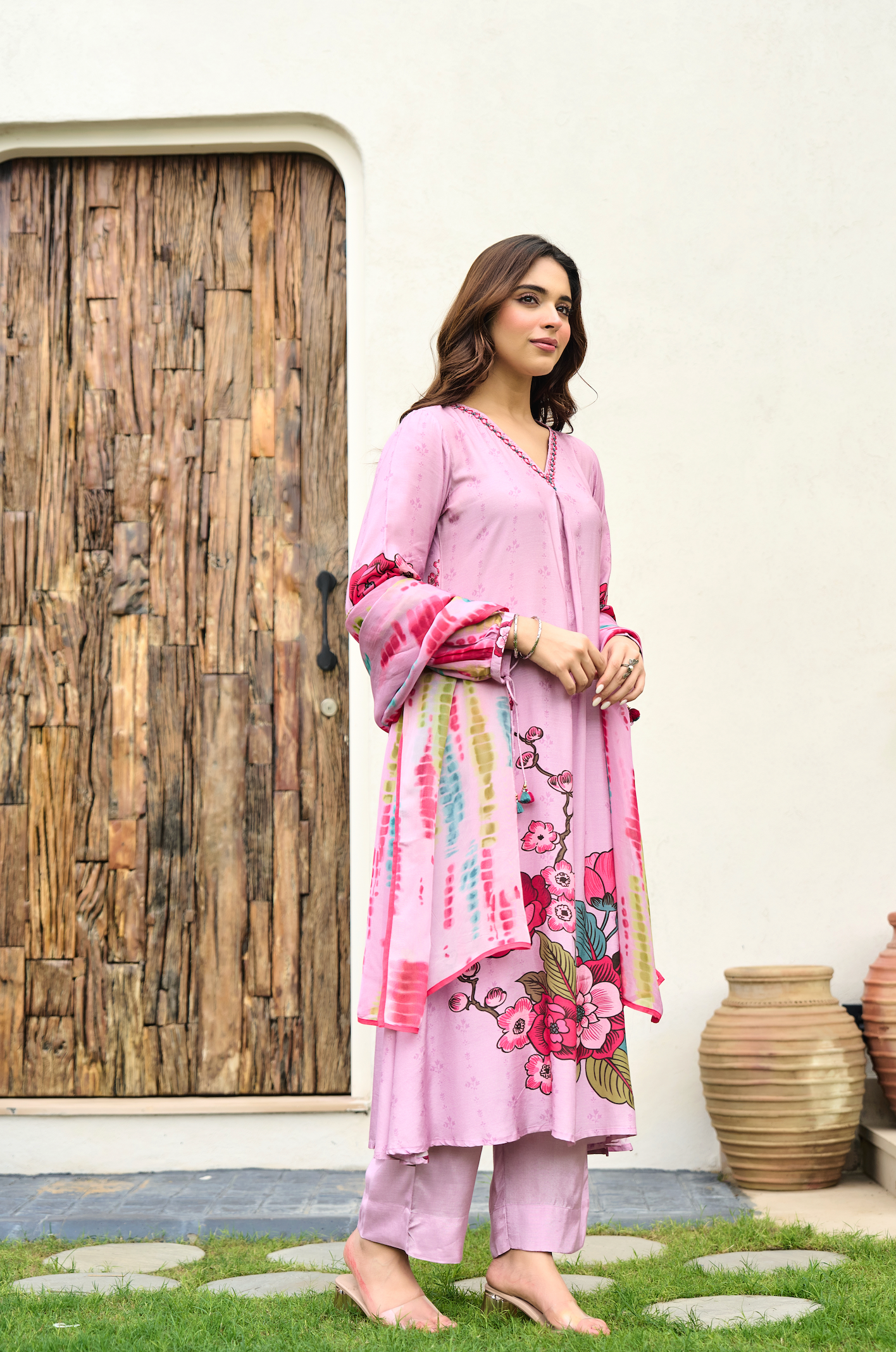 Rose Muslin A -LineEmbroidered Suit Set