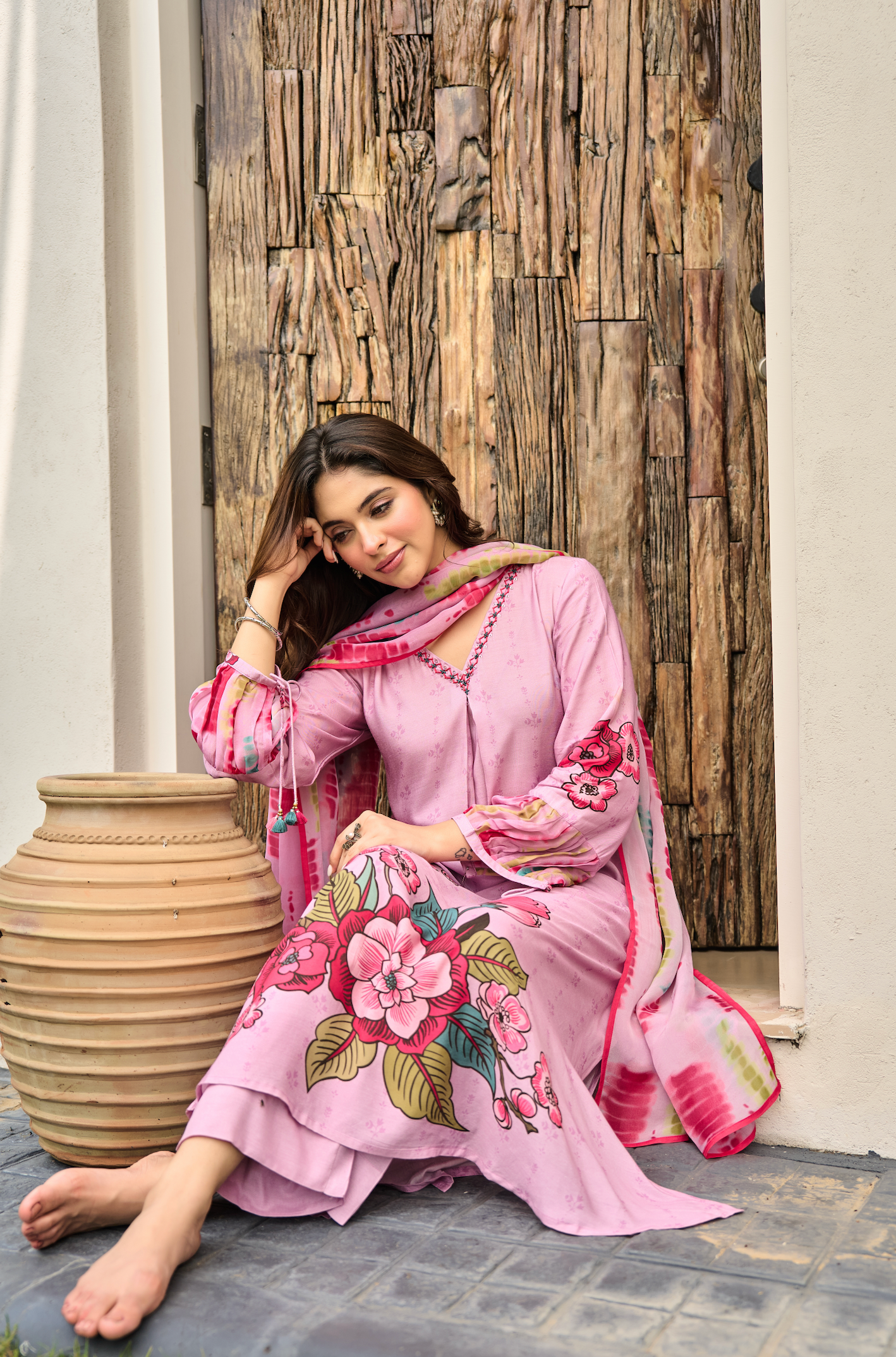 Rose Muslin A -LineEmbroidered Suit Set