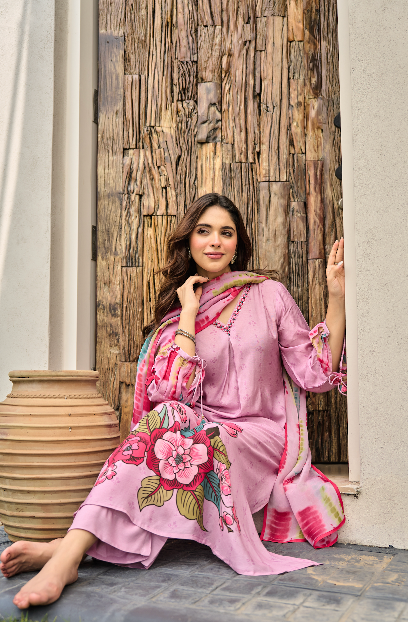 Rose Muslin A -LineEmbroidered Suit Set