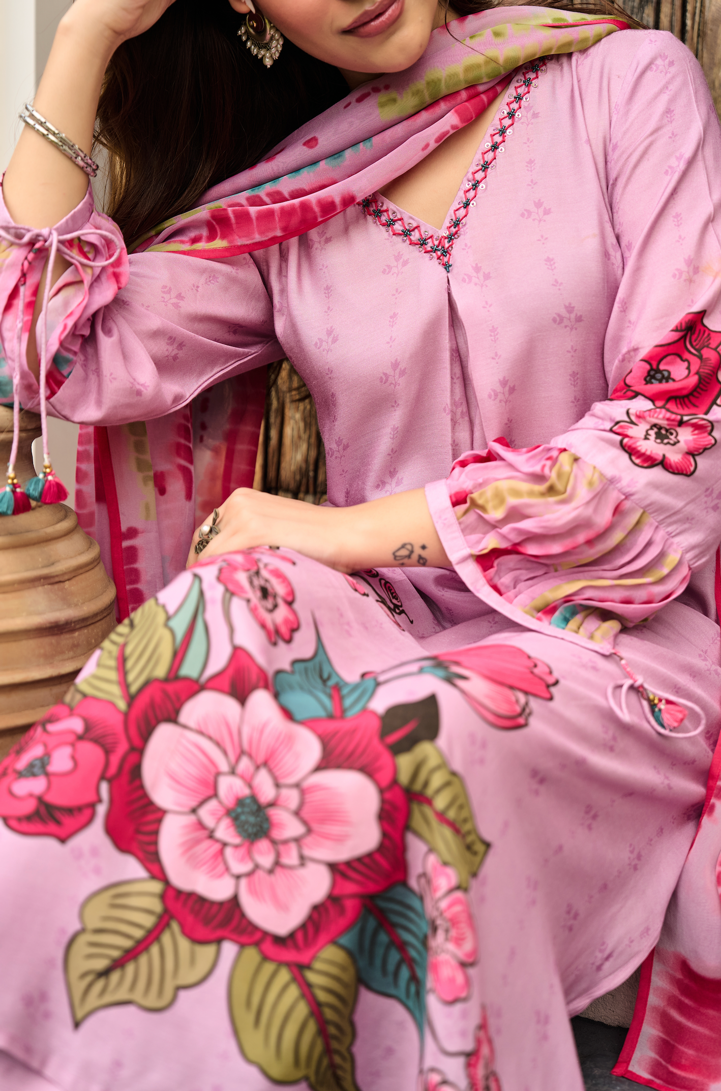 Rose Muslin A -LineEmbroidered Suit Set