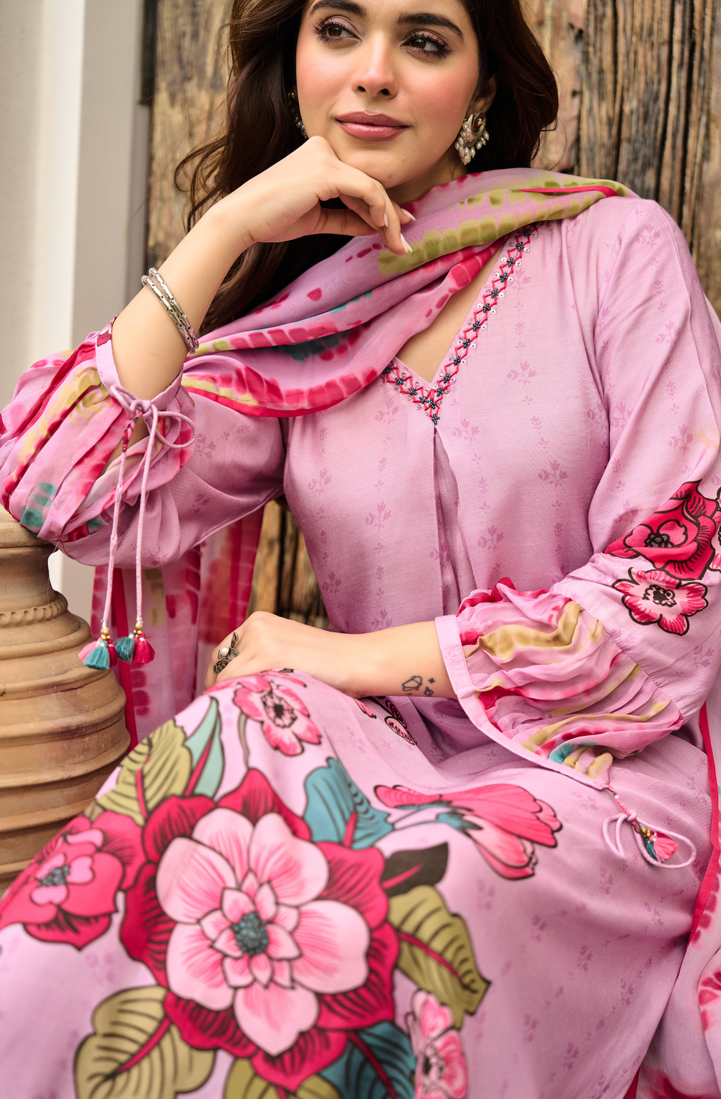 Rose Muslin A -LineEmbroidered Suit Set