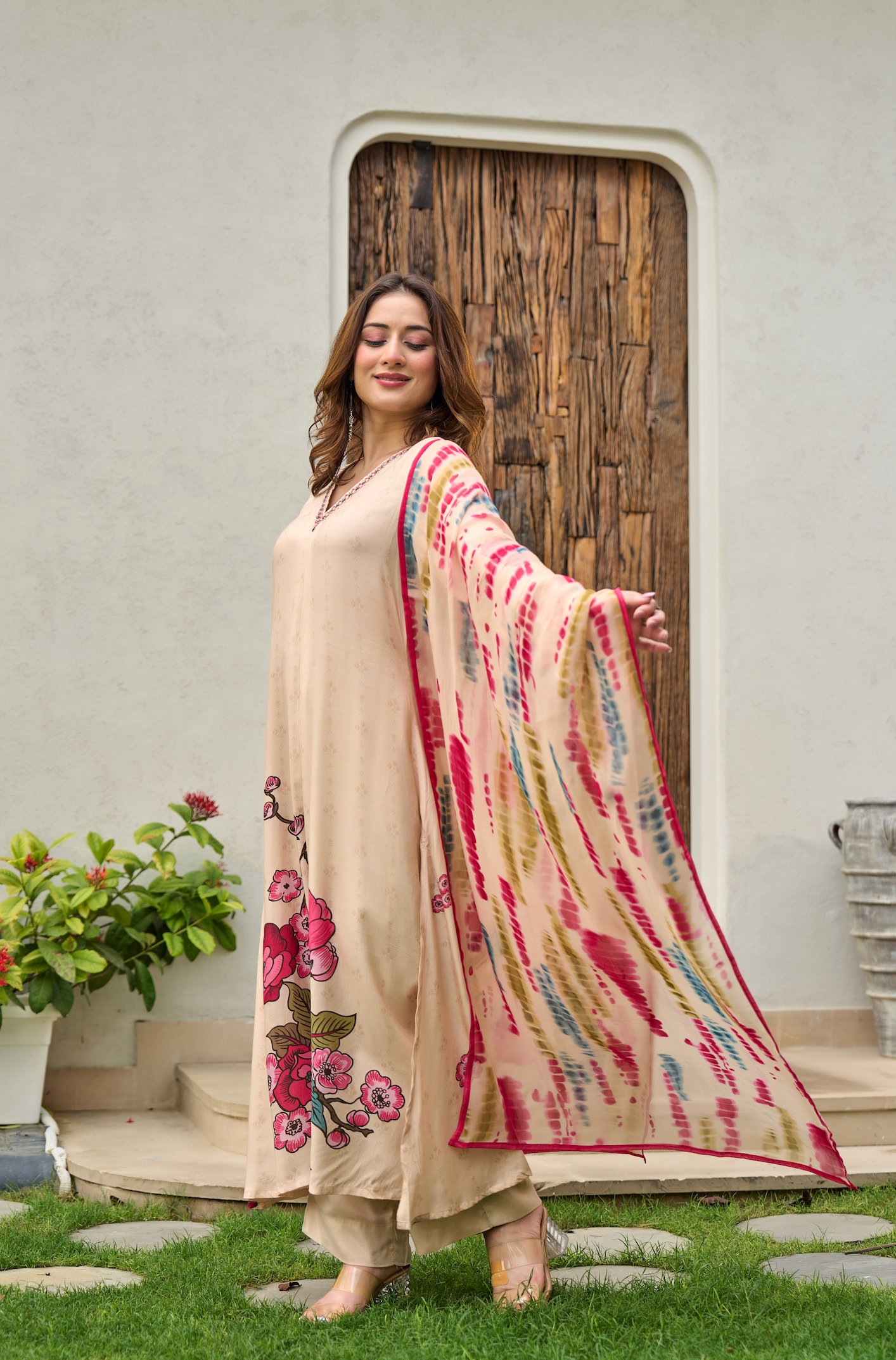 Ivory Muslin A -Line Embroidered Suit Set
