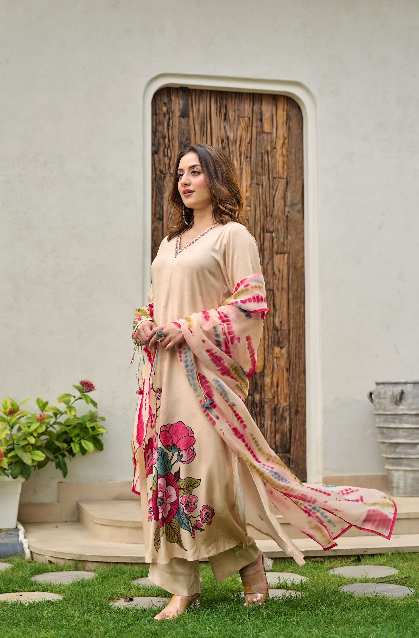 Ivory Muslin A -Line Embroidered Suit Set