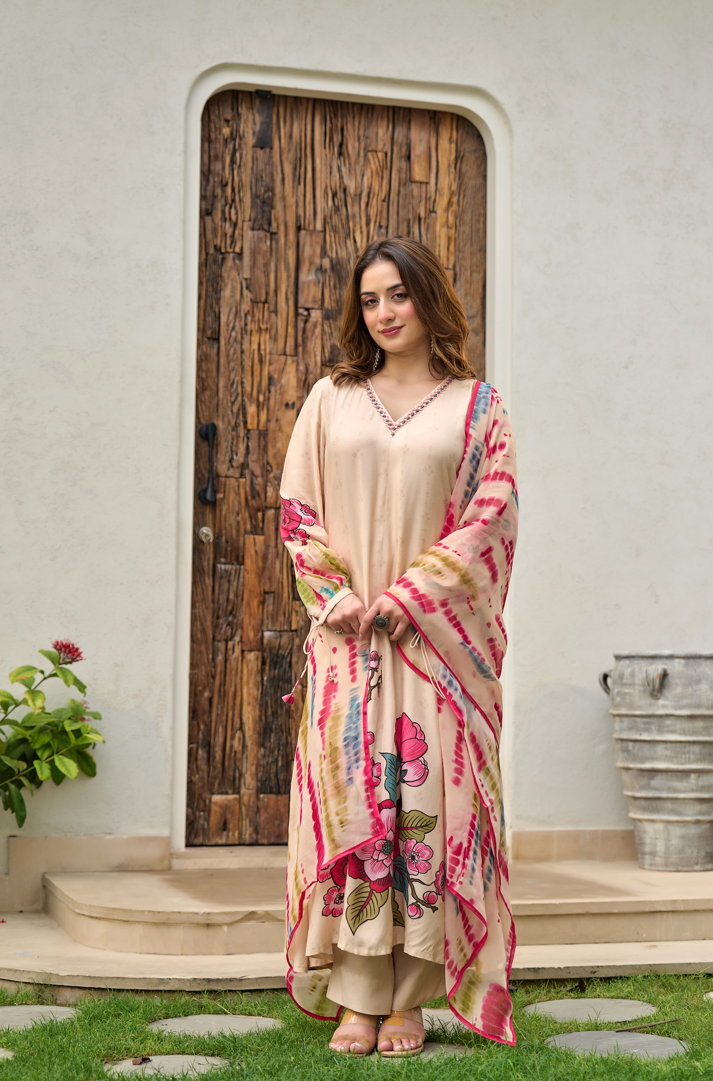 Ivory Muslin A -Line Embroidered Suit Set