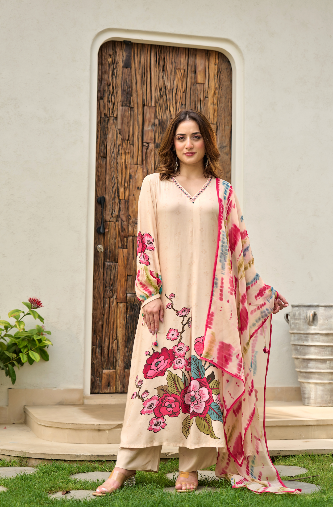 Ivory Muslin A -Line Embroidered Suit Set