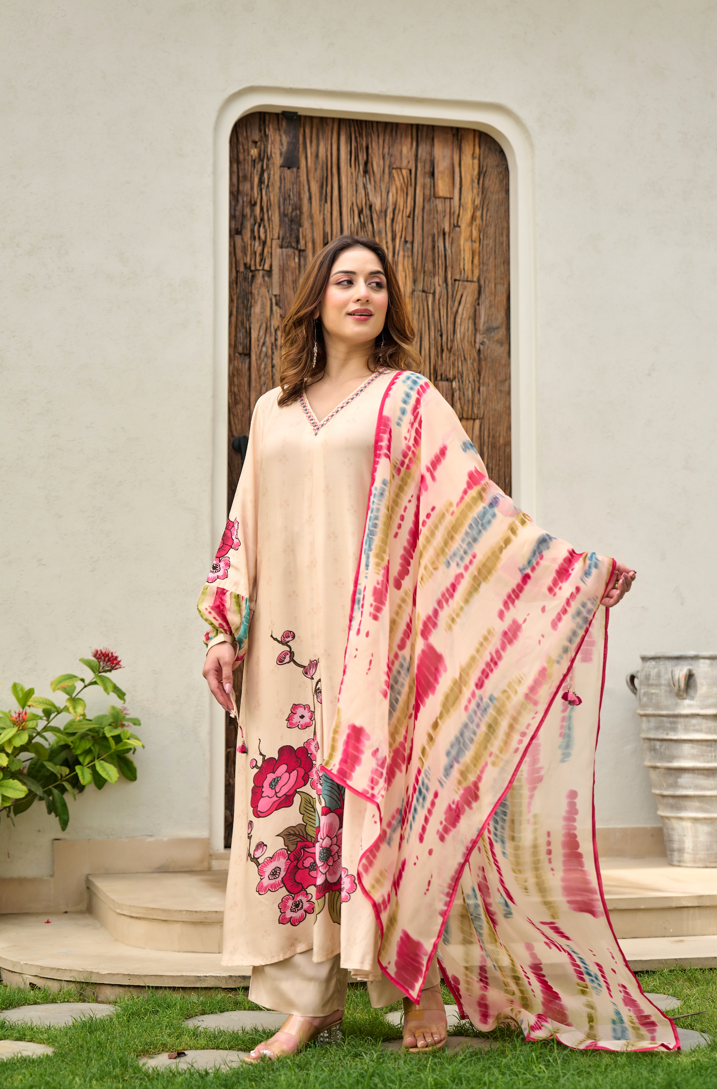 Ivory Muslin A -Line Embroidered Suit Set