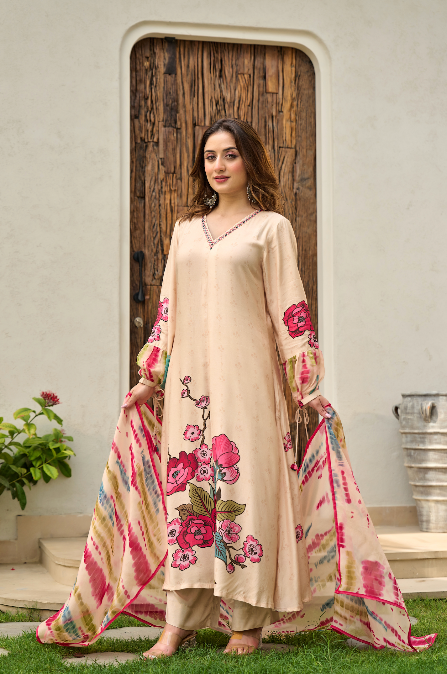 Ivory Muslin A -Line Embroidered Suit Set