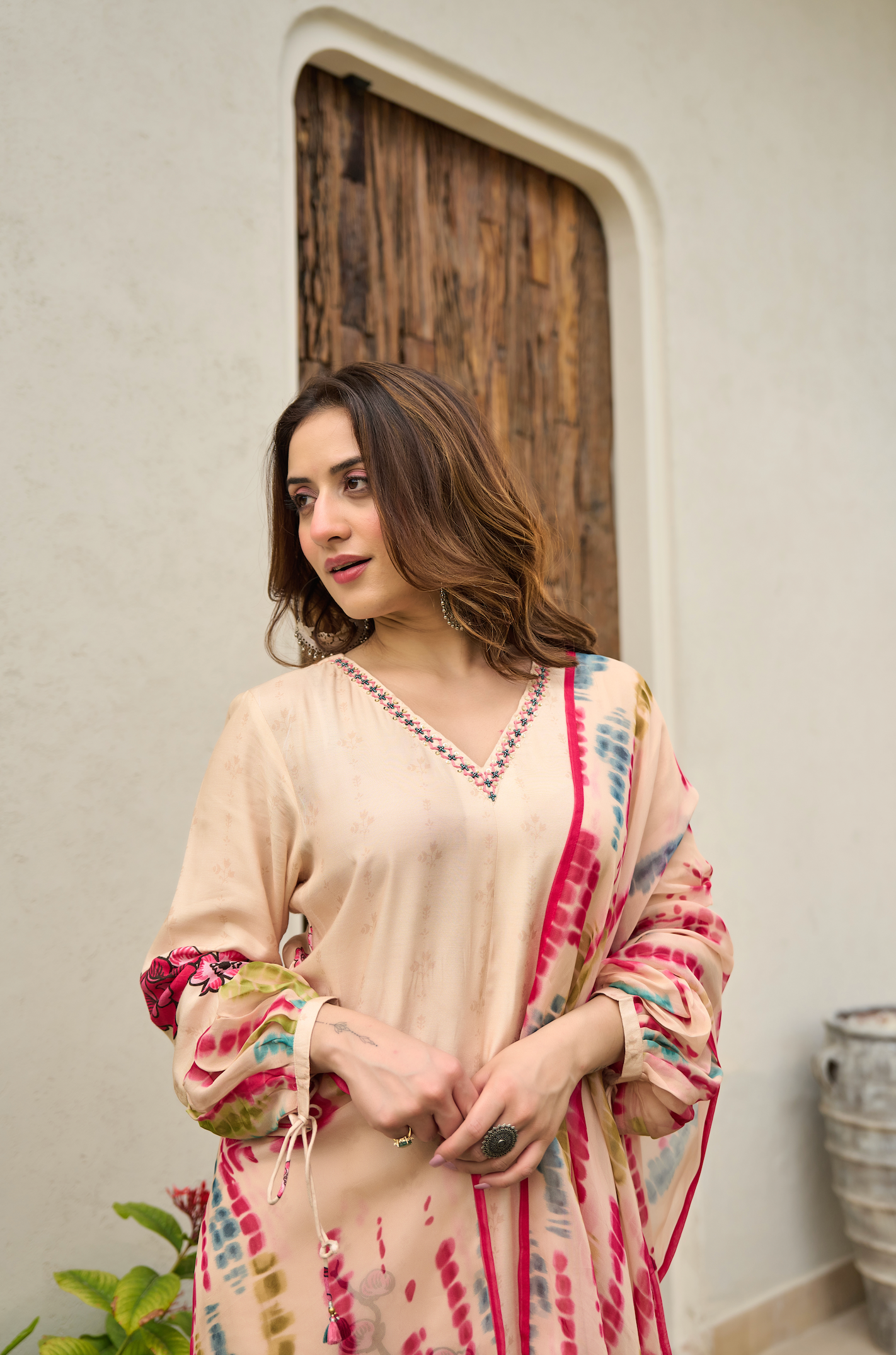 Ivory Muslin A -Line Embroidered Suit Set
