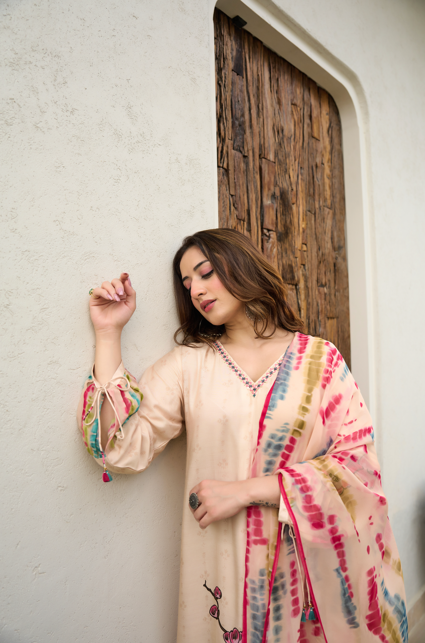 Ivory Muslin A -Line Embroidered Suit Set