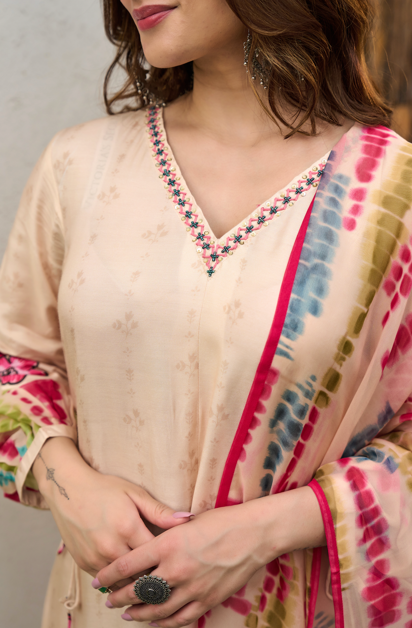 Ivory Muslin A -Line Embroidered Suit Set