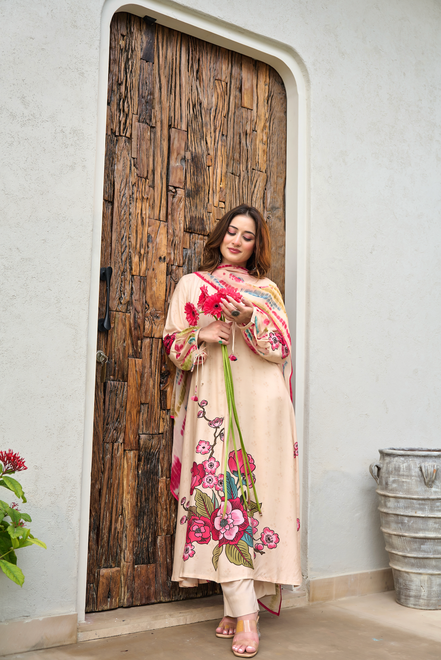 Ivory Muslin A -Line Embroidered Suit Set