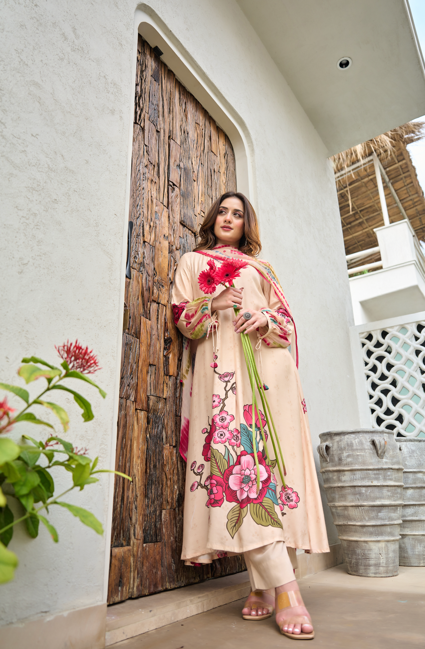 Ivory Muslin A -Line Embroidered Suit Set