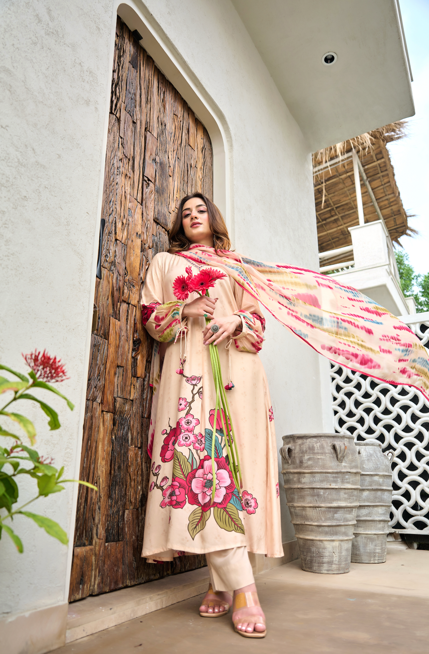 Ivory Muslin A -Line Embroidered Suit Set