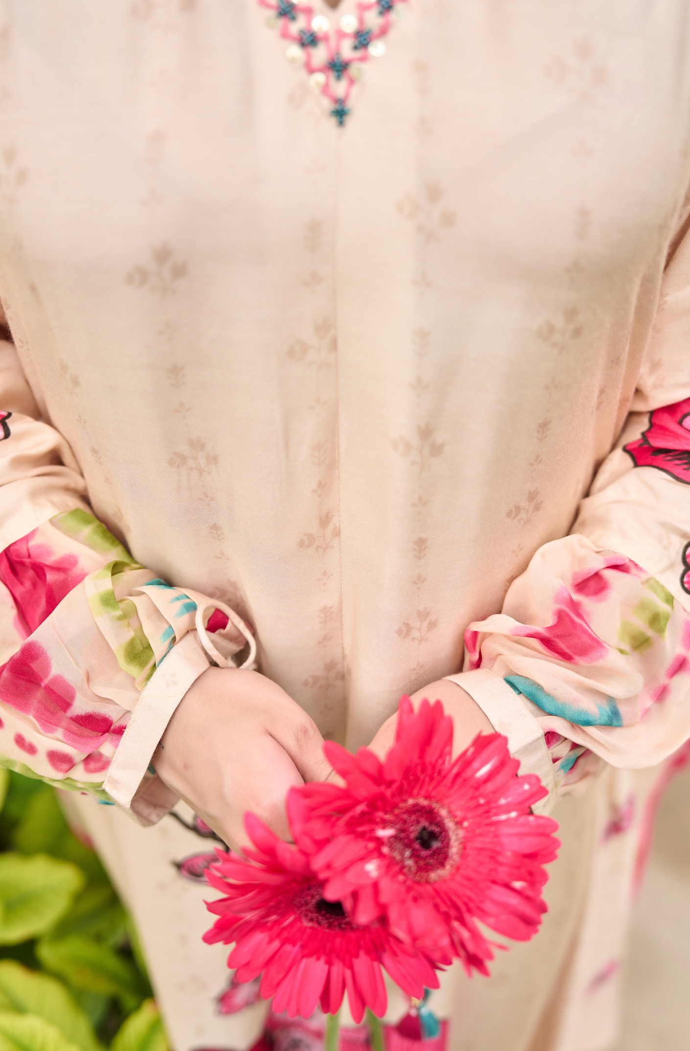 Ivory Muslin A -Line Embroidered Suit Set