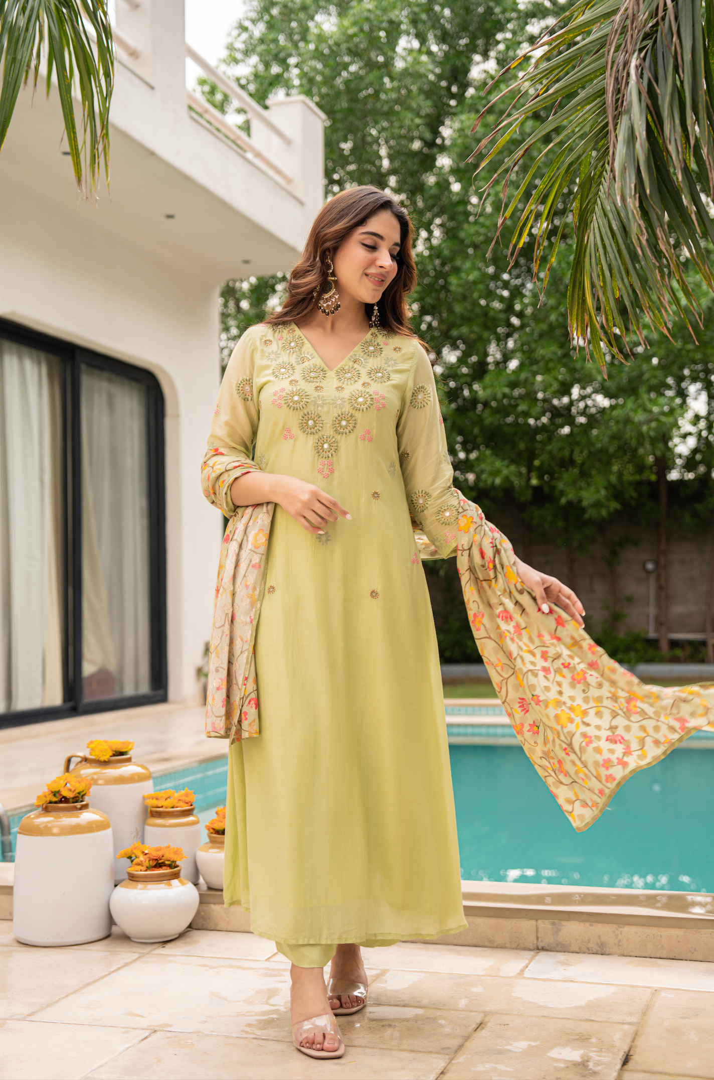 Lime Sun Silk Embroidered Suit Set