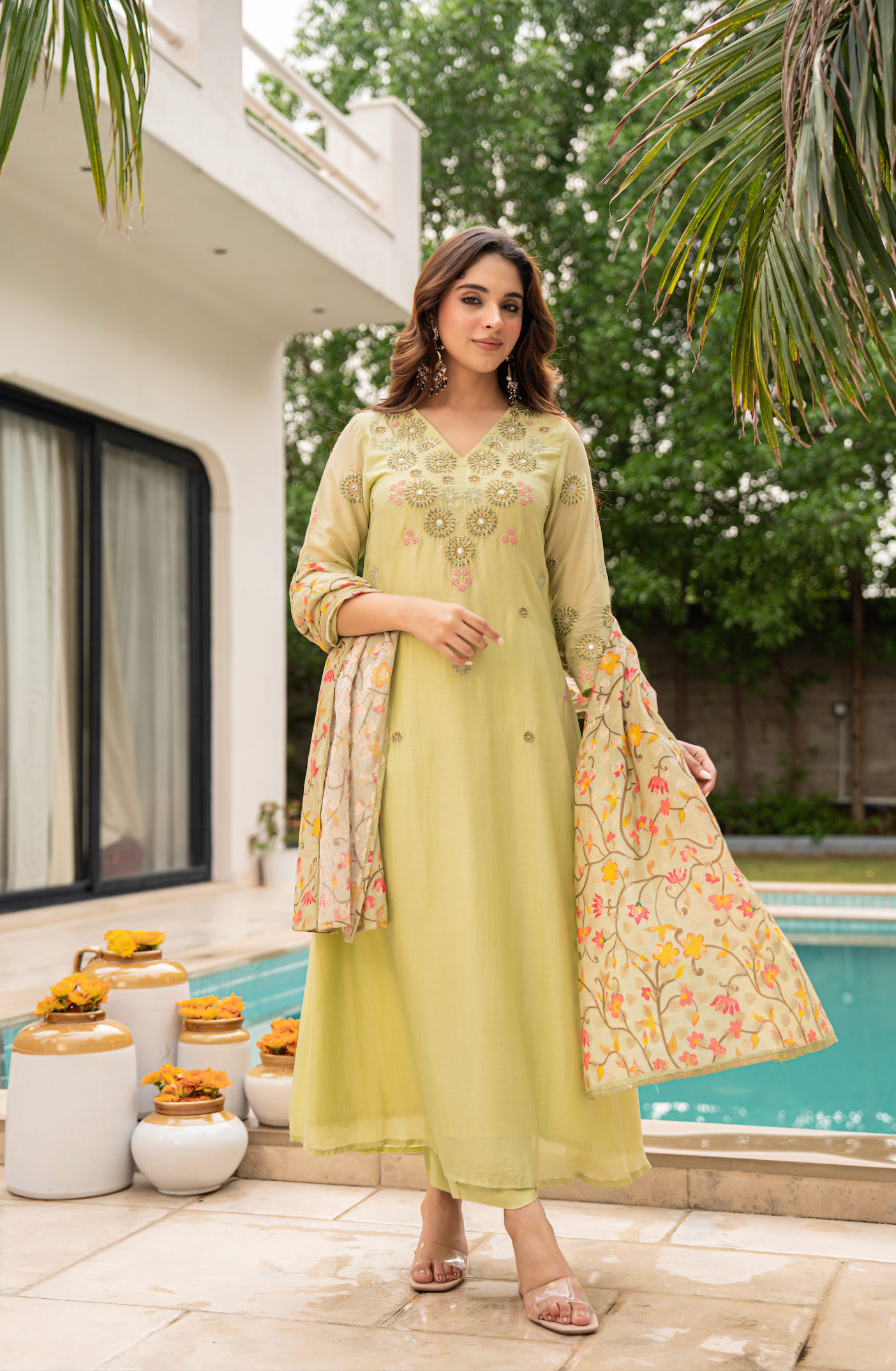 Lime Sun Silk Embroidered Suit Set