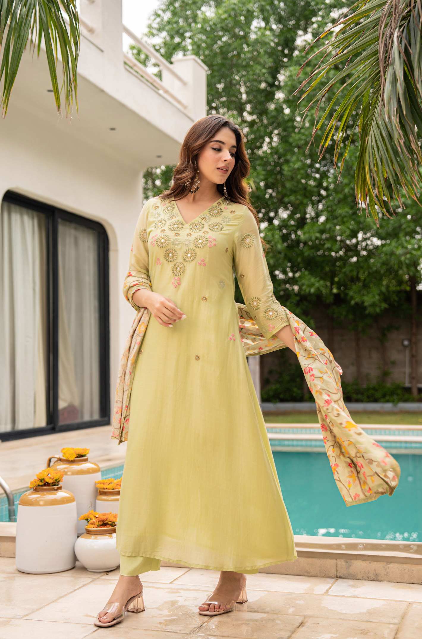 Lime Sun Silk Embroidered Suit Set