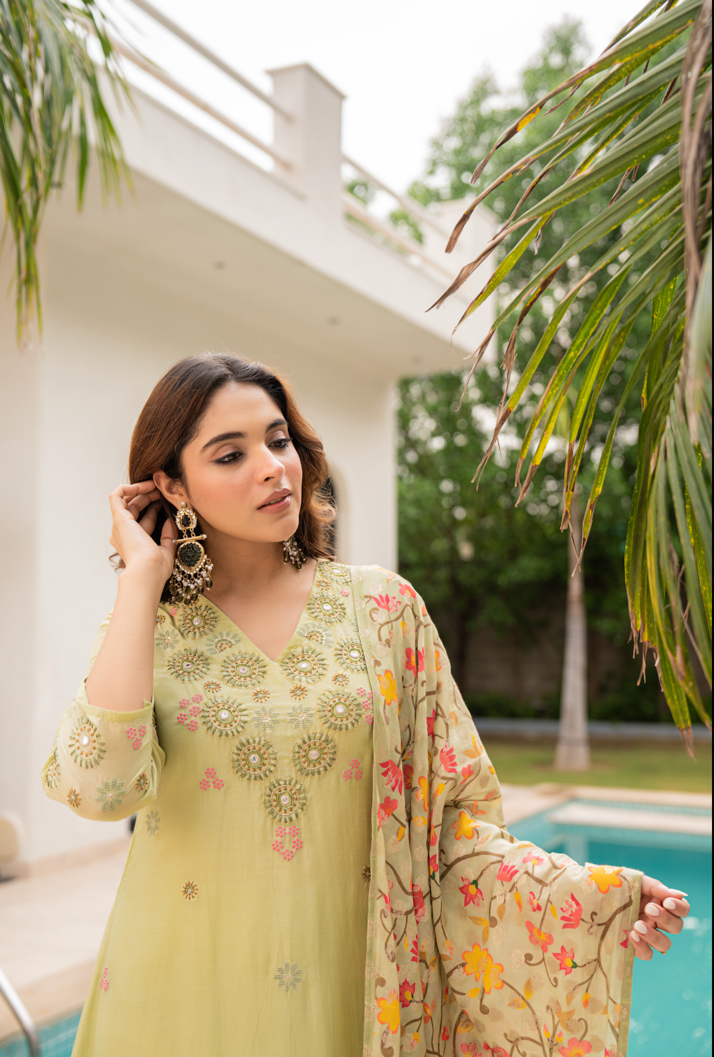 Lime Sun Silk Embroidered Suit Set