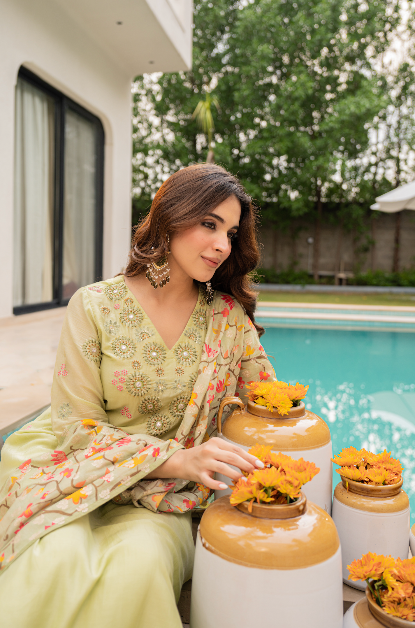 Lime Sun Silk Embroidered Suit Set