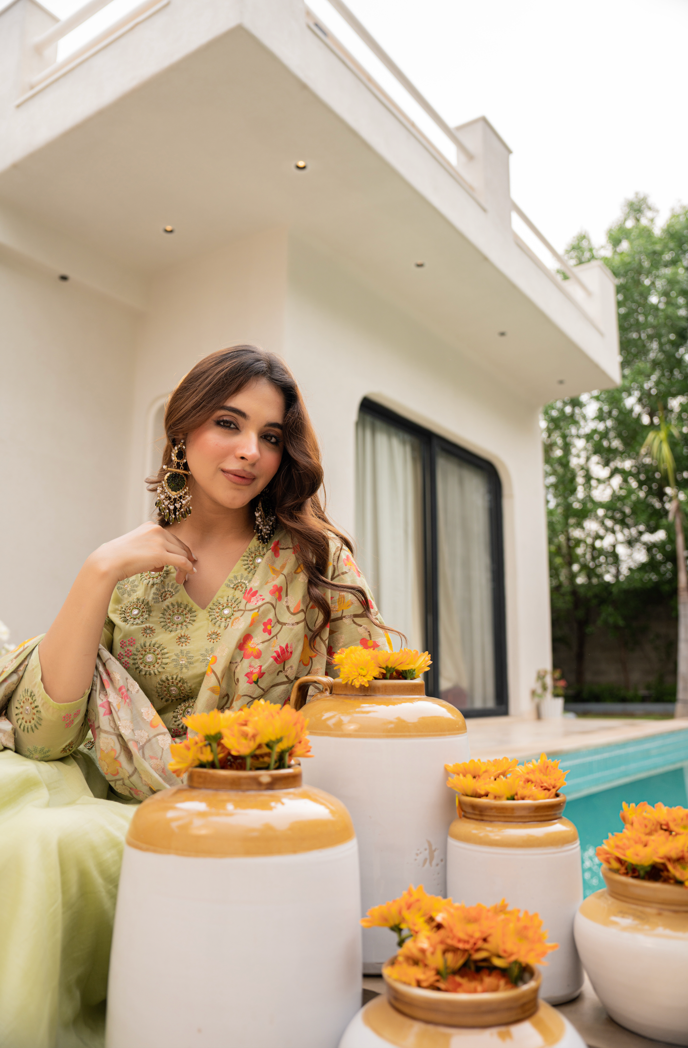 Lime Sun Silk Embroidered Suit Set