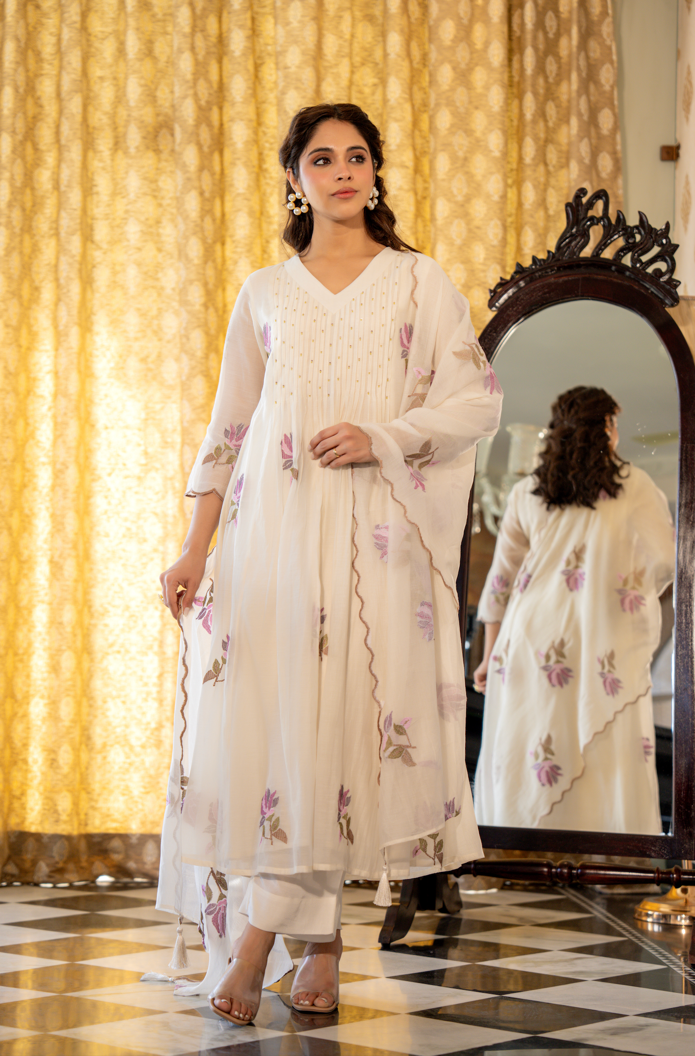 Off White Floral Mul Chanderi Suit Set