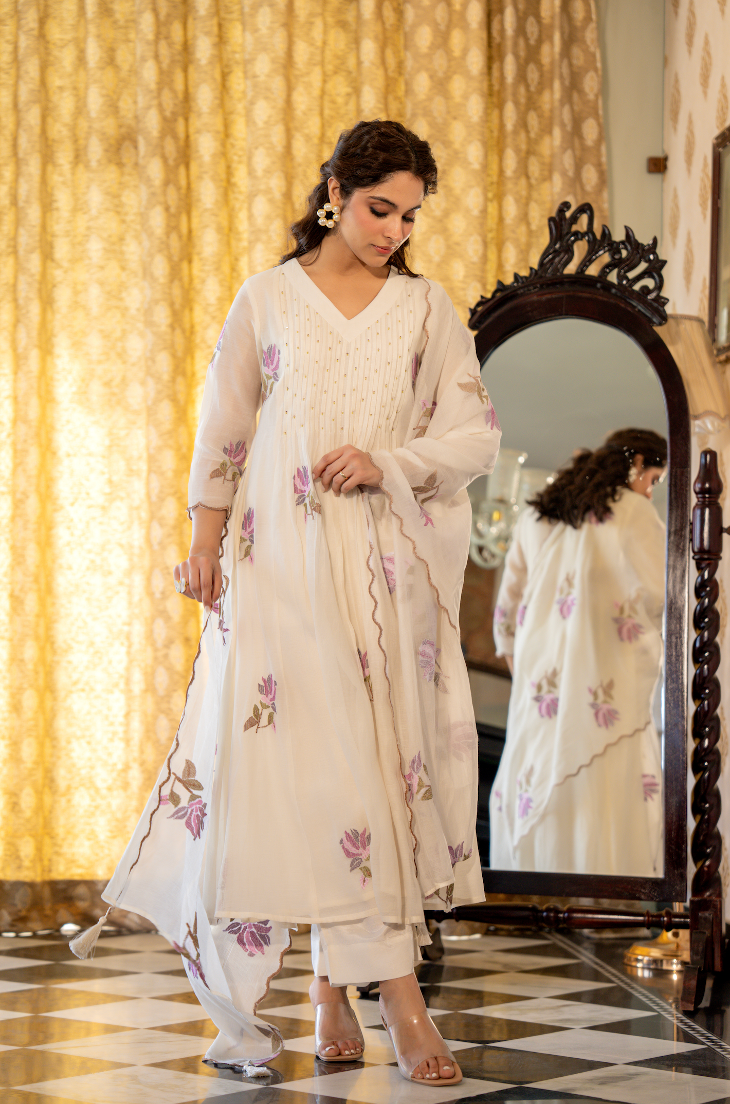 Off White Floral Mul Chanderi Suit Set