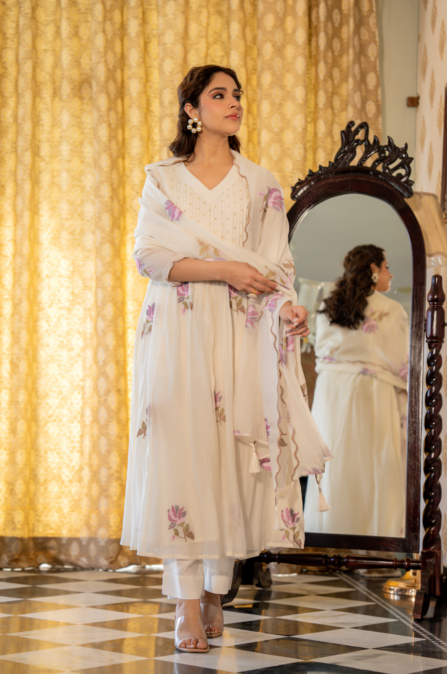 Off White Floral Mul Chanderi Suit Set