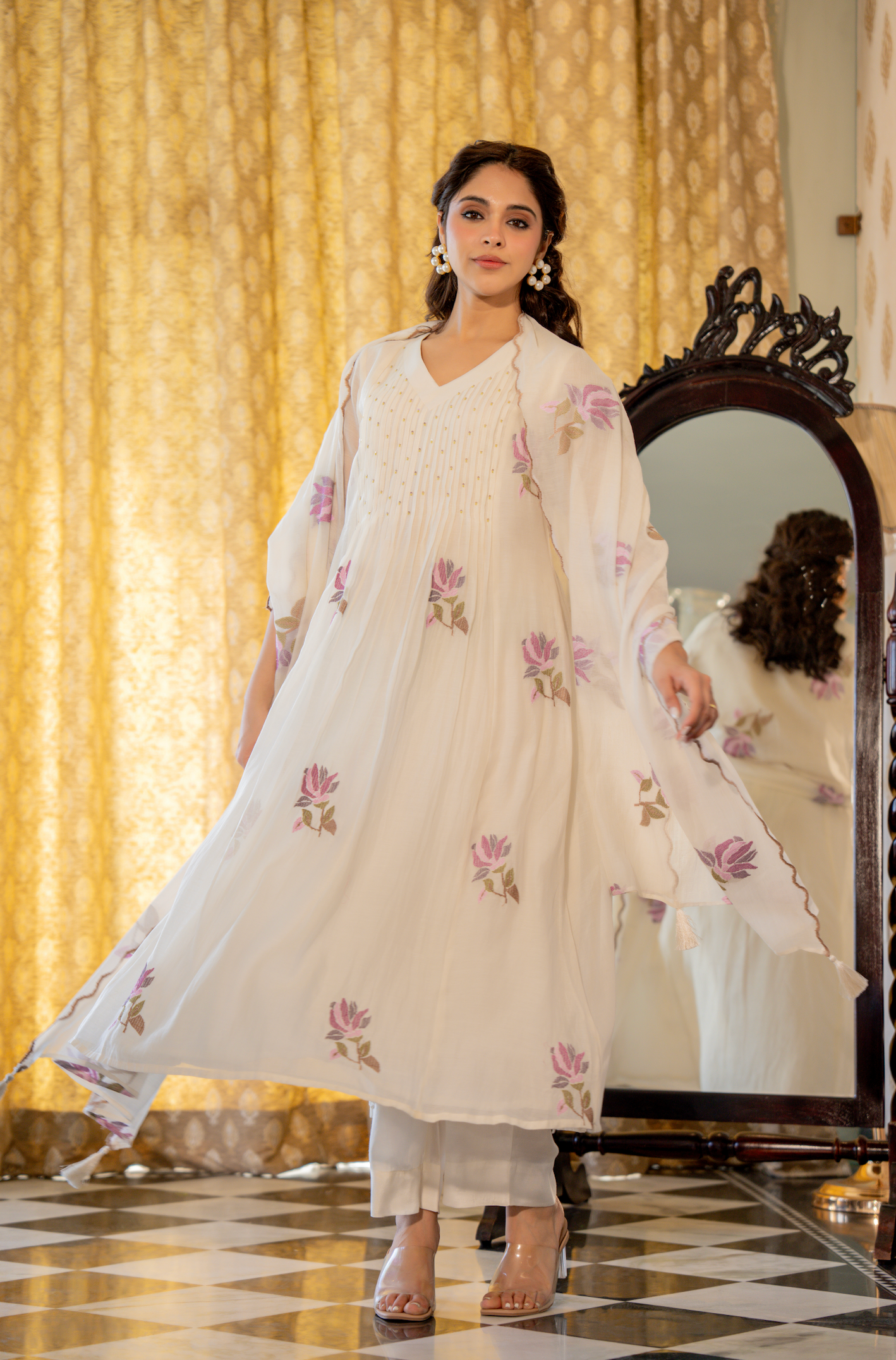 Off White Floral Mul Chanderi Suit Set