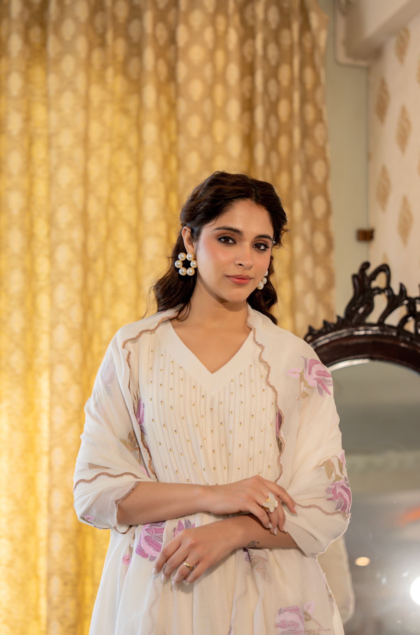 Off White Floral Mul Chanderi Suit Set