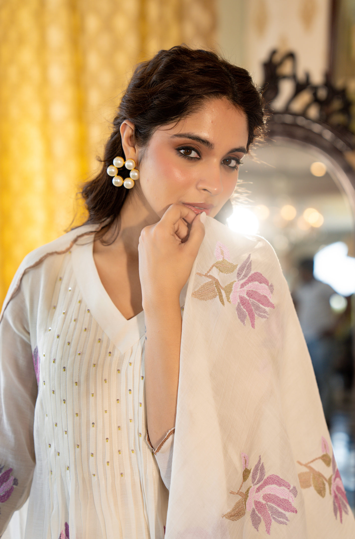 Off White Floral Mul Chanderi Suit Set