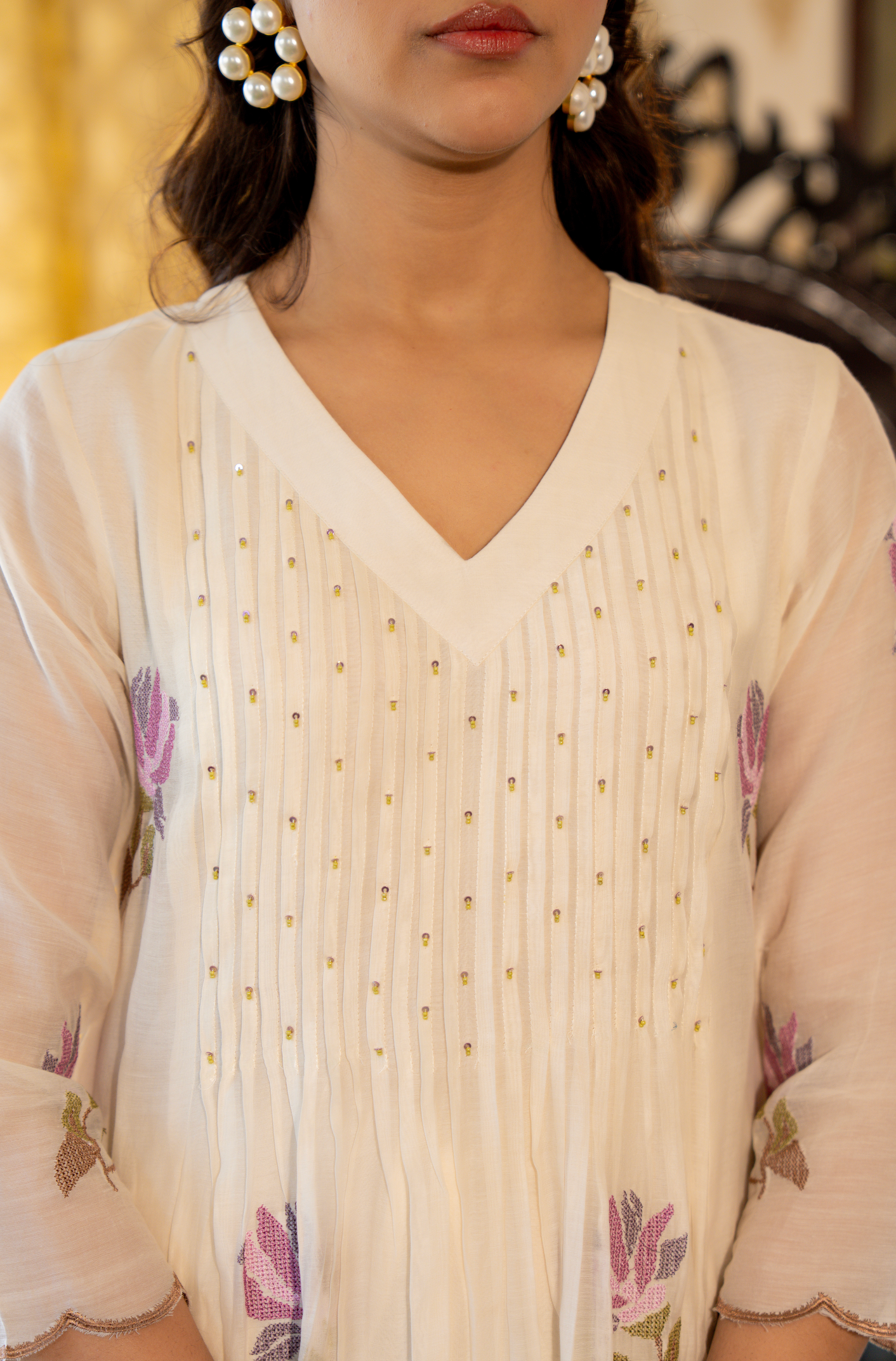 Off White Floral Mul Chanderi Suit Set