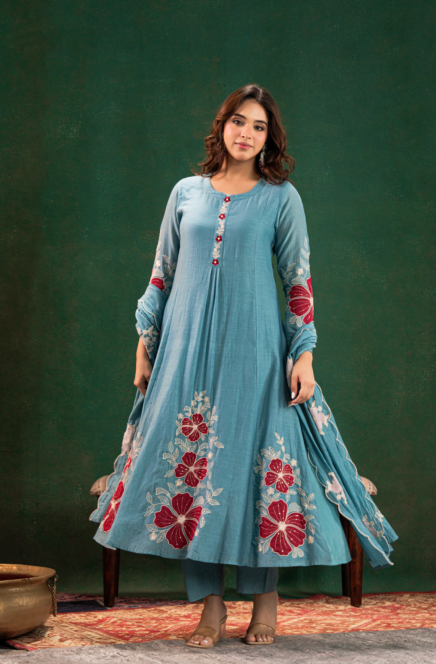 Aqua Floral Mul Chanderi Suit Set