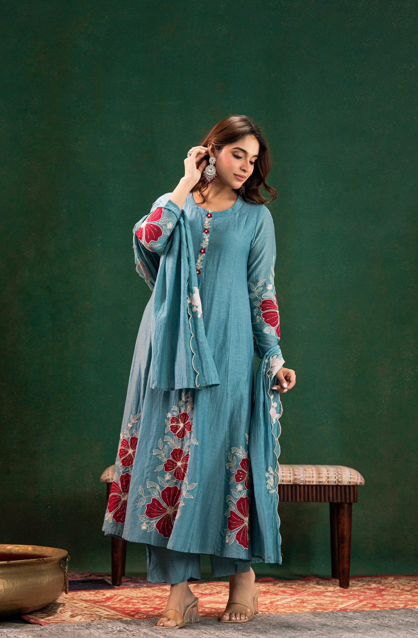 Aqua Floral Mul Chanderi Suit Set