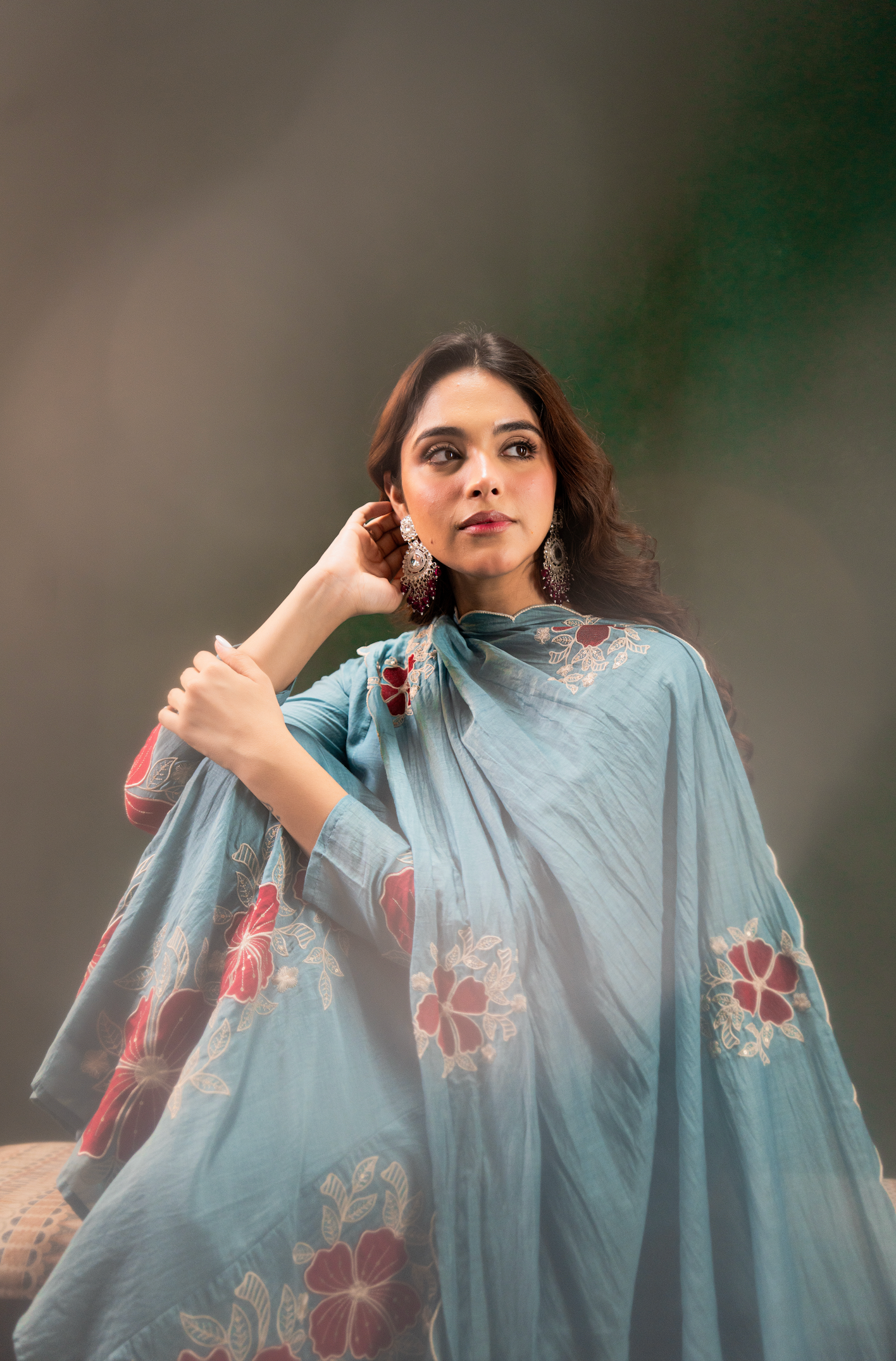 Aqua Floral Mul Chanderi Suit Set