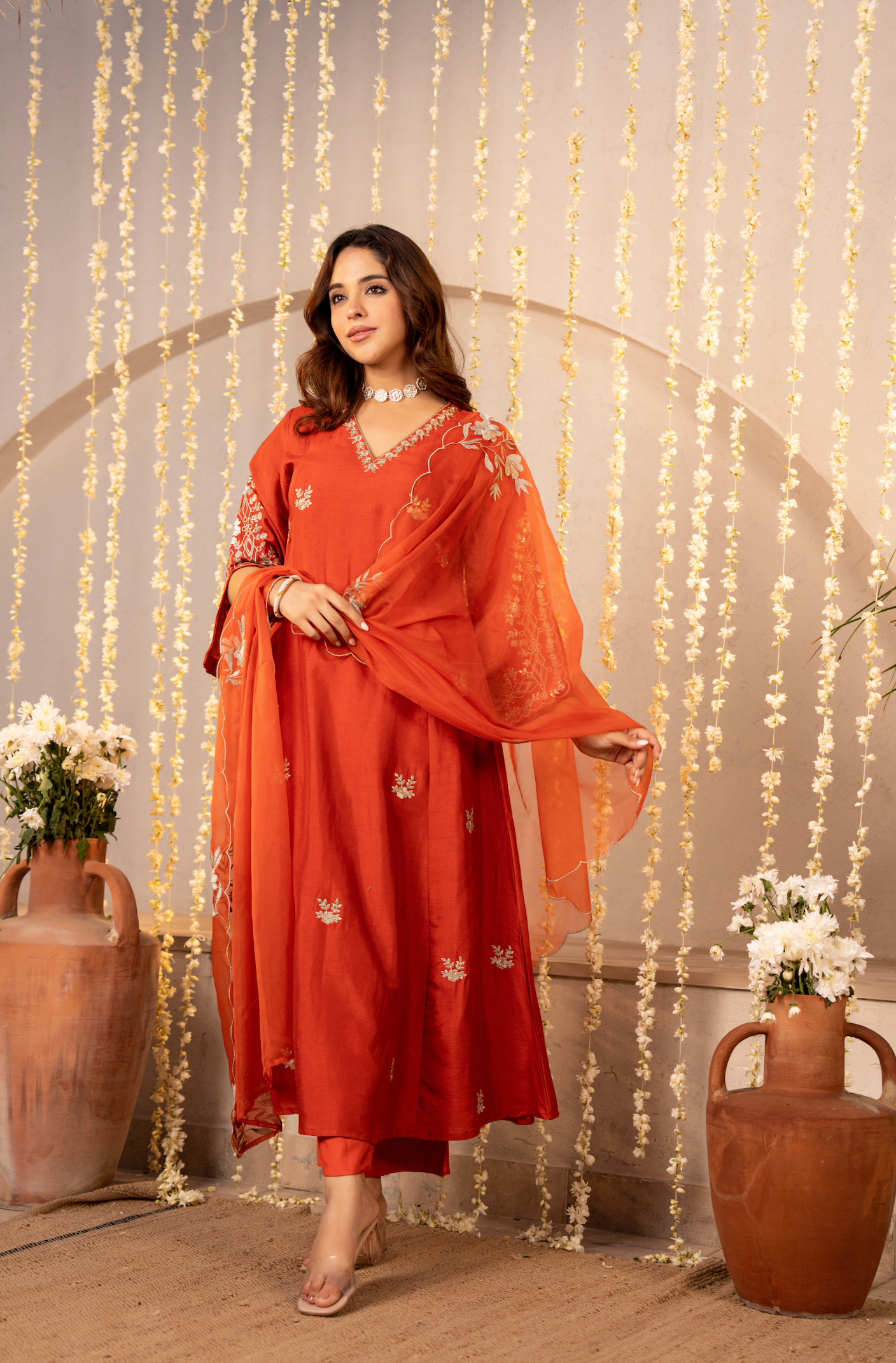 Tangerine Russian Silk Festive Suit Set