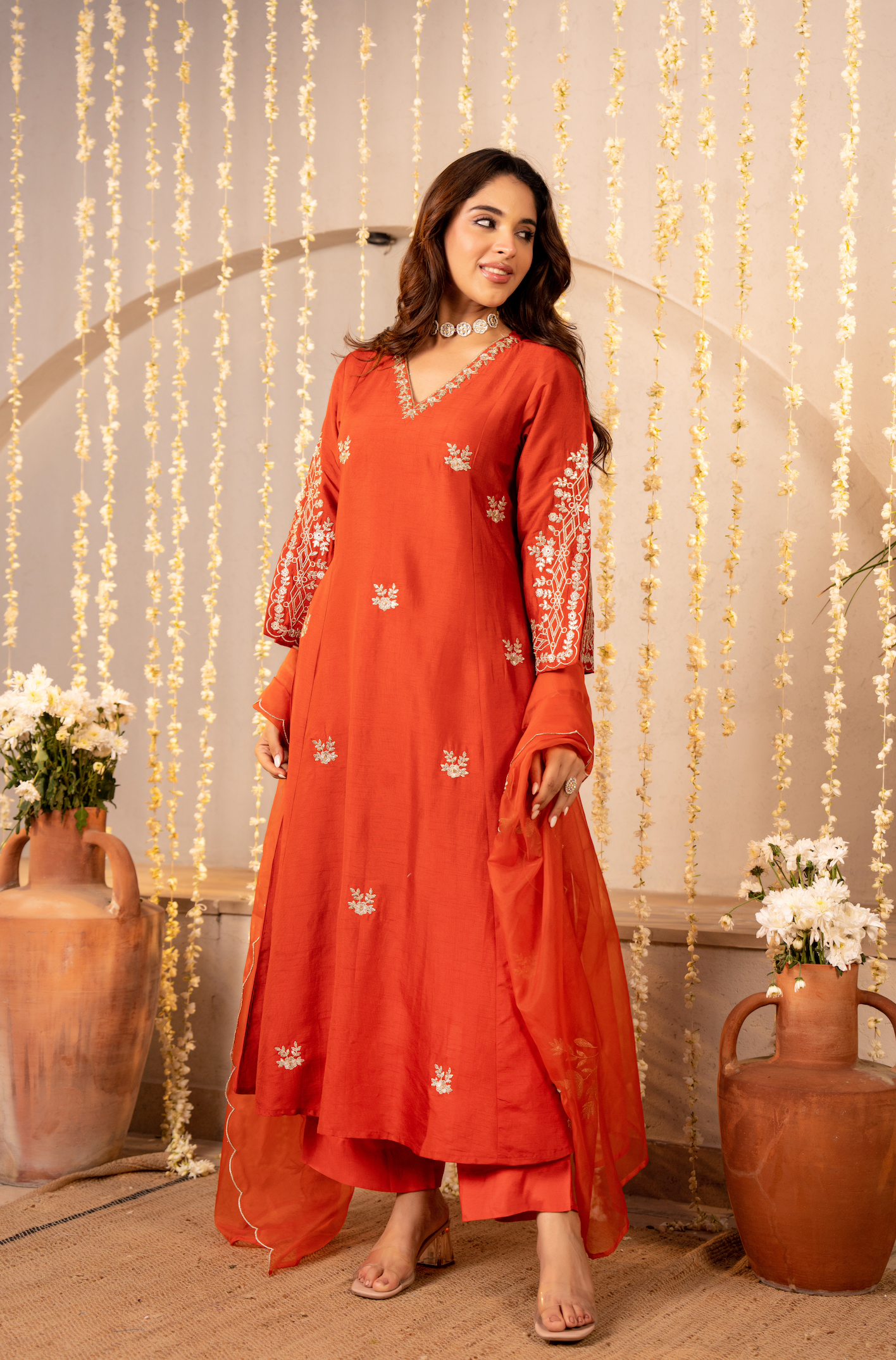 Tangerine Russian Silk Festive Suit Set