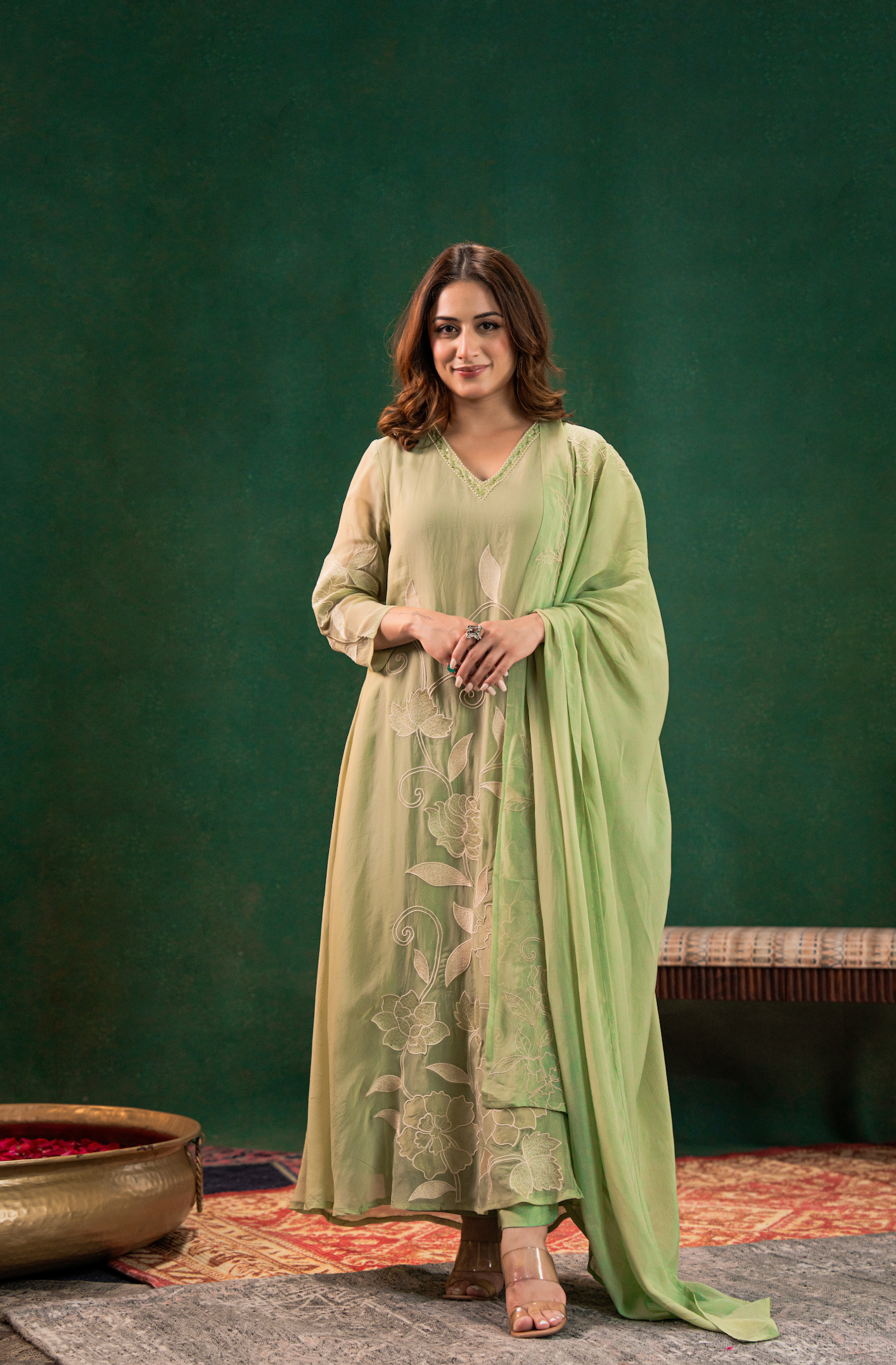 Pistachio Embroidered Silk Suit Set