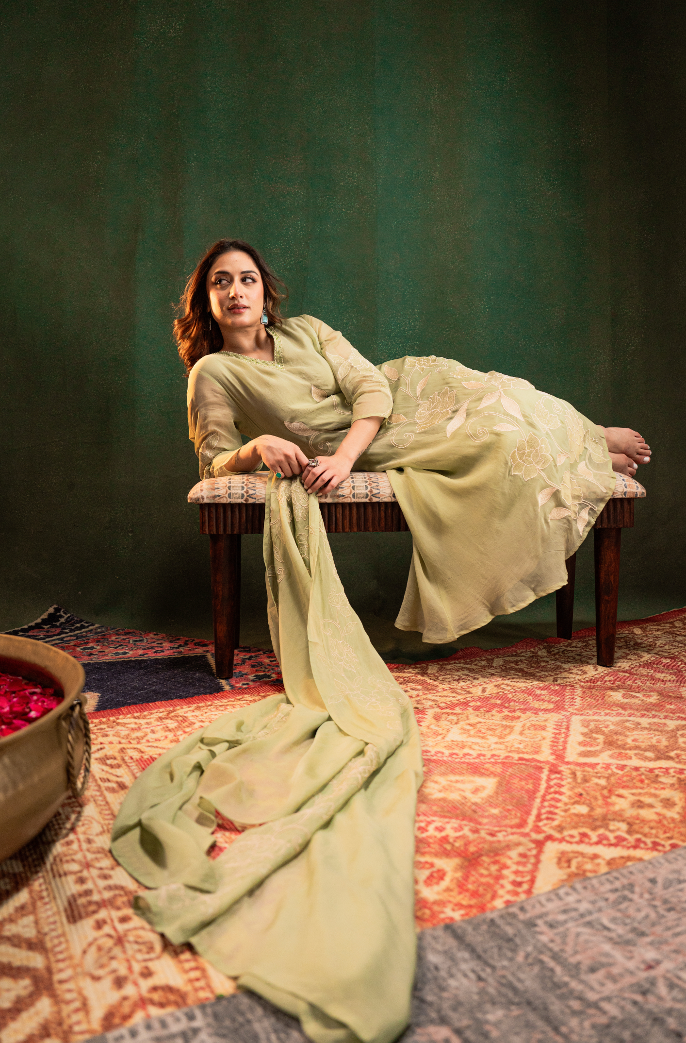 Pistachio Embroidered Silk Suit Set